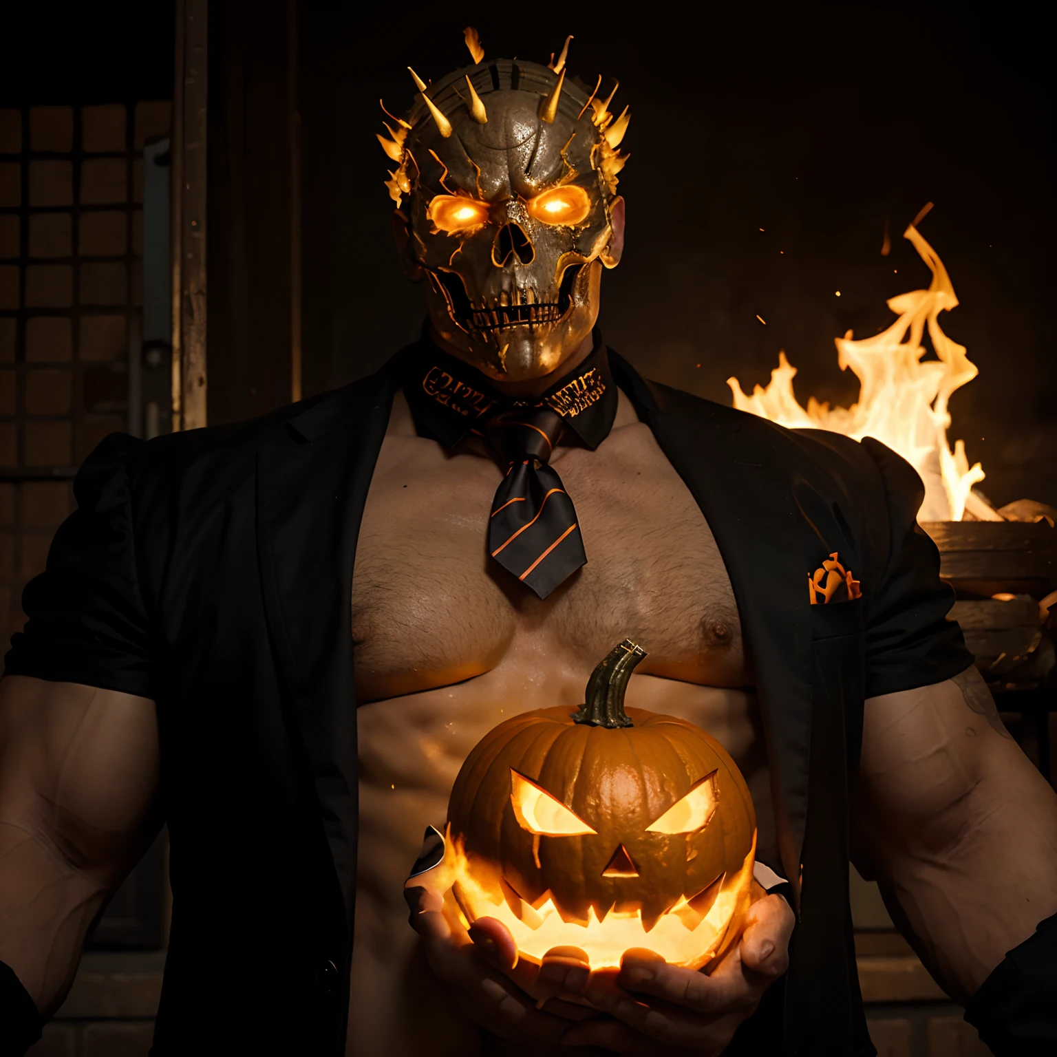 Ghost rider , muscled with huge pecs , hugge torso , huge arms , with a pumpkin on his head like halloween with fire , in suit with a tie ans spikes