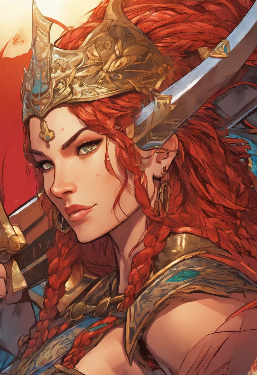 Barbarian Tall muscled defined woman, detailed armor, red and gold engraved leather armor, intricate designs on the armor, intricate armor engravings, imposing and powerful stance, fierce expression, red wild mane braided hair, dynamic pose, intense battle scene, fantasy setting, vibrant colors, dramatic lighting, epic atmosphere, mythical creatures in the background, magical effects surrounding the sword, attention to anatomy and facial features, iconic use of highlights and shadows, capturing emotion, masterful composition, portraying strong female characters. (best quality, 4k resolution, highres, ultra-detailed, photorealistic:1.37), HDR lighting, studio-quality rendering, professional-quality artwork based on yoshitaka amano work.