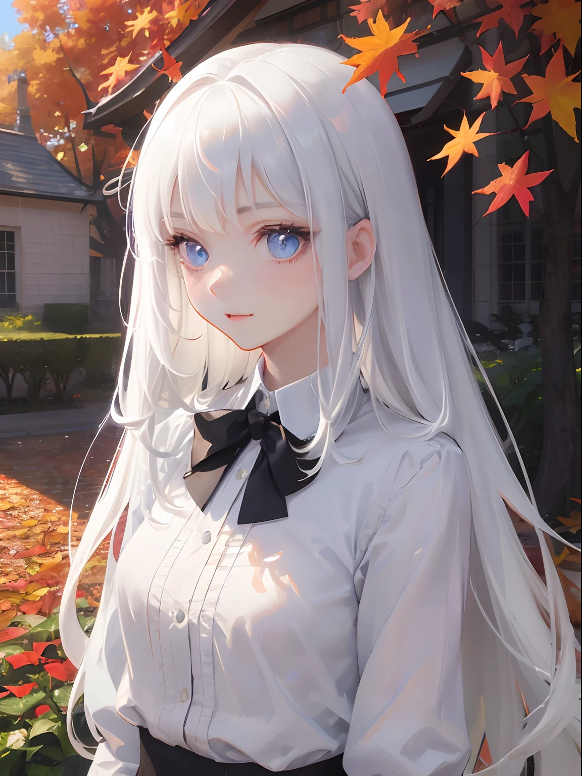 masutepiece, Highest Quality, (Perfect face:1.1), (high detailing:1.1), (ultradetailed eyes), Dramatic, superfine illustration, Extremely detailed, 1girl in, (pale skin), long white hair, Ethereal eyes, (light eyebrow), Solo, Long hair, School uniform, Pouty lips, Proud Expression, laughing, Cinematic lighting, School uniform, One-person viewpoint, Standing, in the garden, autumn leaves