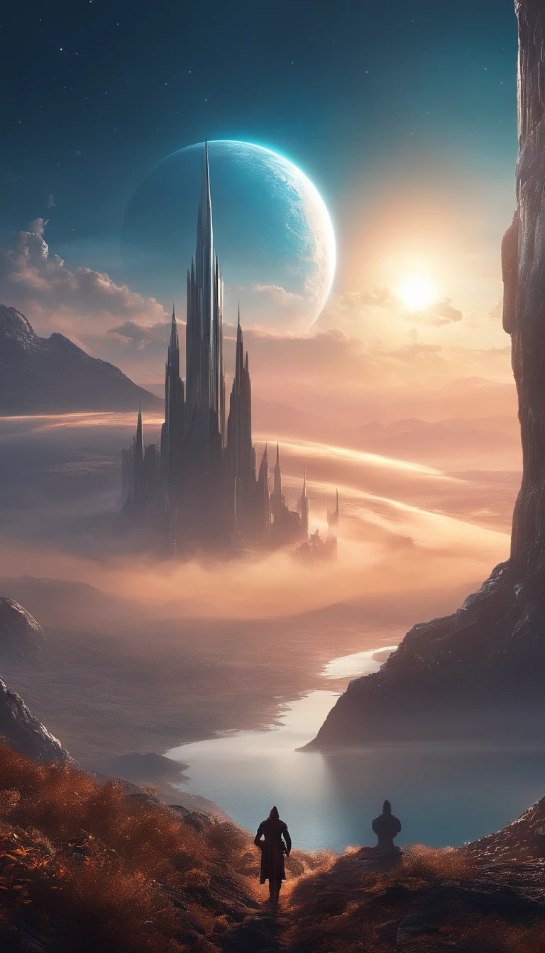 shooting stars、Planet with starry sky and distant fantasy city and tower, epic fantasy sci fi illustration, Fantasy Planet, arstation and beeple highly, Fantasy space, Fantasy Sci-Fi, epic scifi fantasy art, epic dreamlike fantasy landscape, ethereal starlit city at sunset, impressive fantasy landscape, sci-fi fantasy wallpaper, Magnificent beautiful space sci-fi, Fantasy Sci-Fi - Fantasy