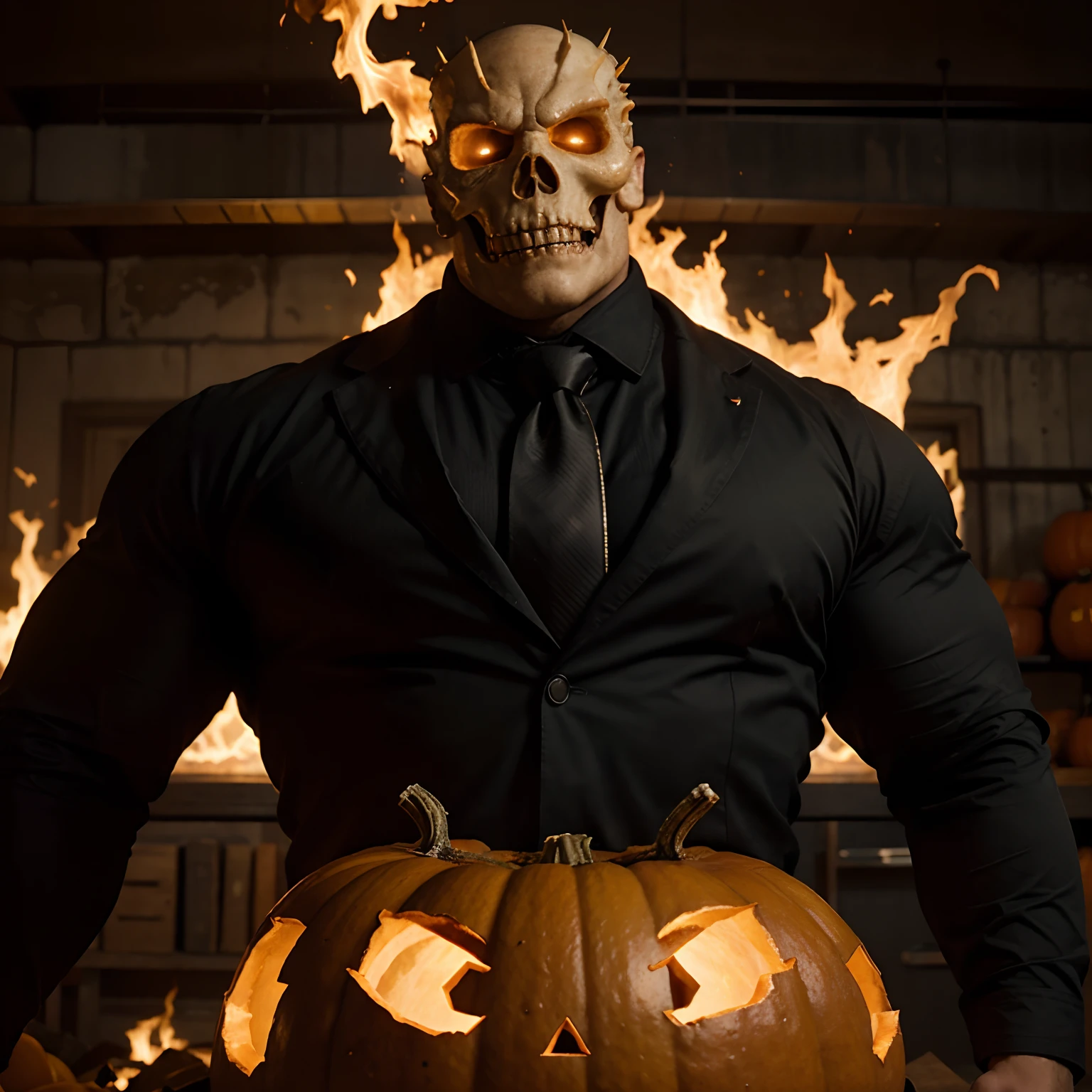 Ghost rider , muscled with huge pecs , huge torso , huge arms , with a pumpkin's head with fire , in suit with a tie ans spikes