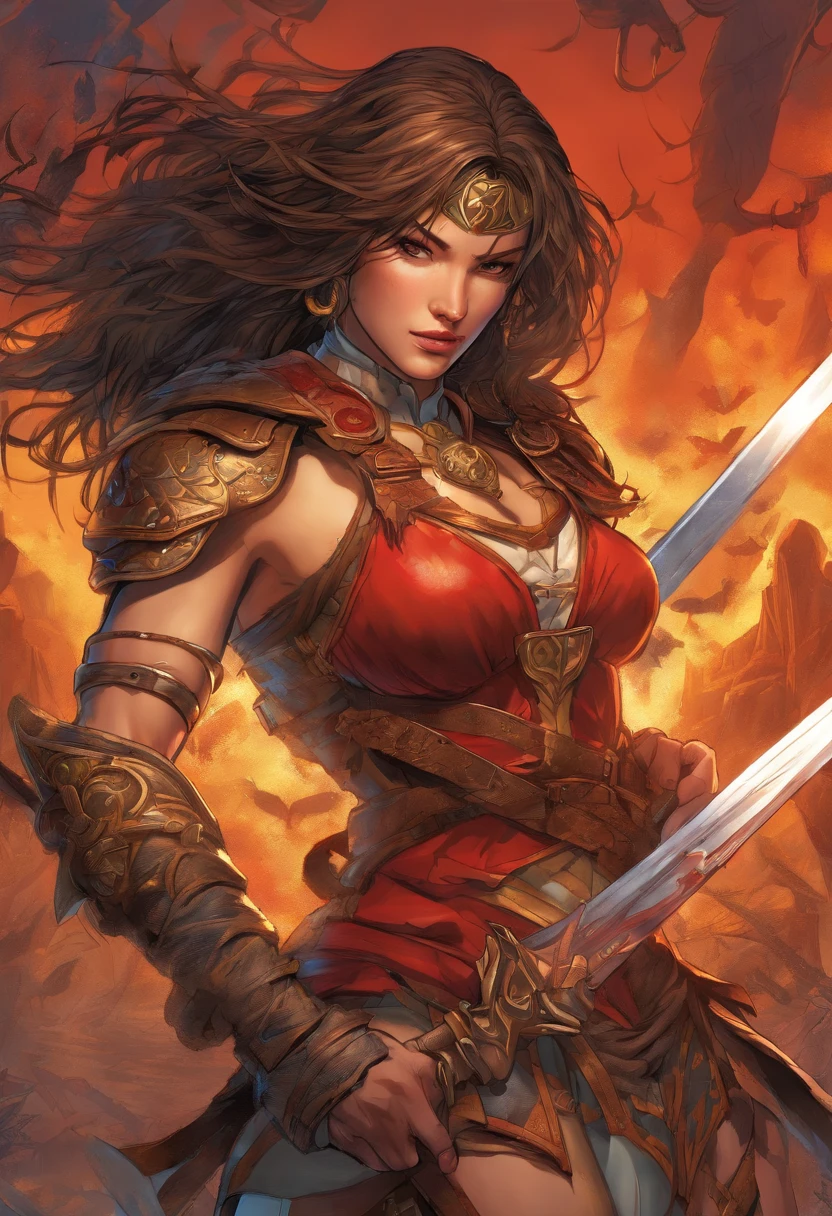 Barbarian Tall muscled defined woman, detailed armor, red and gold engraved leather armor, intricate designs on the armor, intricate armor engravings, imposing and powerful stance, fierce expression, red wild mane braided hair, dynamic pose, intense battle scene, fantasy setting, vibrant colors, dramatic lighting, epic atmosphere, mythical creatures in the background, magical effects surrounding the sword, attention to anatomy and facial features, iconic use of highlights and shadows, capturing emotion, masterful composition, portraying strong female characters. (best quality, 4k resolution, highres, ultra-detailed, photorealistic:1.37), HDR lighting, studio-quality rendering, professional-quality artwork based on yoshitaka amano work.