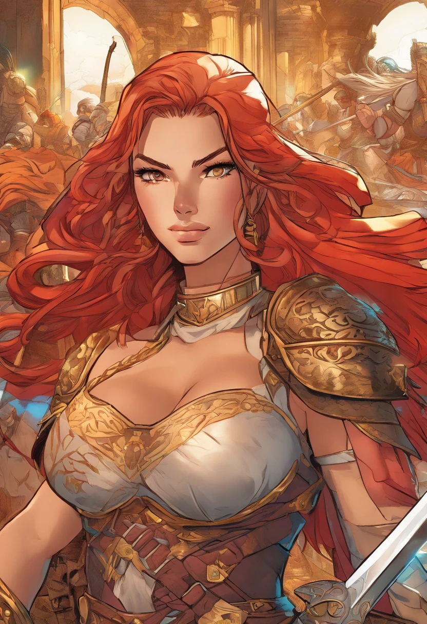 8K, (masterpiece, Best Quality)+ cowboy shot of a barbarian elf (Like the real thing)+ realistic skin, Looking at Viewer, Short hair, green mohawk hair, cleavage, Jewelry, small full breasts, Upper body, whole body, sword ,earrings, armor, Hair over one eye, Green eyes, short elf ears, shoulder armor, Realistic, at high resolution, Masterpiece, A hyper-realistic, Fantasy art, character art, cinestill 800, alluring glance, A sexy closeup, combat scene, action scene, action pose, dynamic pose, Rugged look, Glaring at the viewer, (slim and athletic body)++ athletic and muscular body, split abs, athletic legs, thin muscular arms, (ultra quality)++, (masterpiece)++, 1girl, barbarian elf, (Red, red hair)++, (Beautiful cute face)+, (beautiful female lips)+, Charming, (serious expression)++, looks at the camera with a gentle smile, eyes are slightly closed, (skin color white)+, Body glare, (detailed beautiful female eyes)++, (dark green eyes)++, (juicy female lips)+, (beautiful female hands)+, (perfect female hands)++, (perfect female figure)++, perfect female body, Beautiful waist, gorgeous big thighs, Beautiful little breasts, (Subtle and beautiful)++, seductively sits, (close up face)+, (Barbarian outfit, Barbarian armor, Leather skirt, Pelt Skirt, (armor:1.2)+)++, background: Beautiful sunset, (Depth of field)++, (high quality clear image)++, (crisp details)+, (highly detailed)++, Realistic, Professional Photo Session, (Clear Focus)++, the anime! girl! in the middle of a red and white movie!! in a dark studio, complex artistic color ink pen illustration, subtle detailing, masterfully illustrated by Artgerm and Range Murata. 3D render, digital, game art, unreal 5,