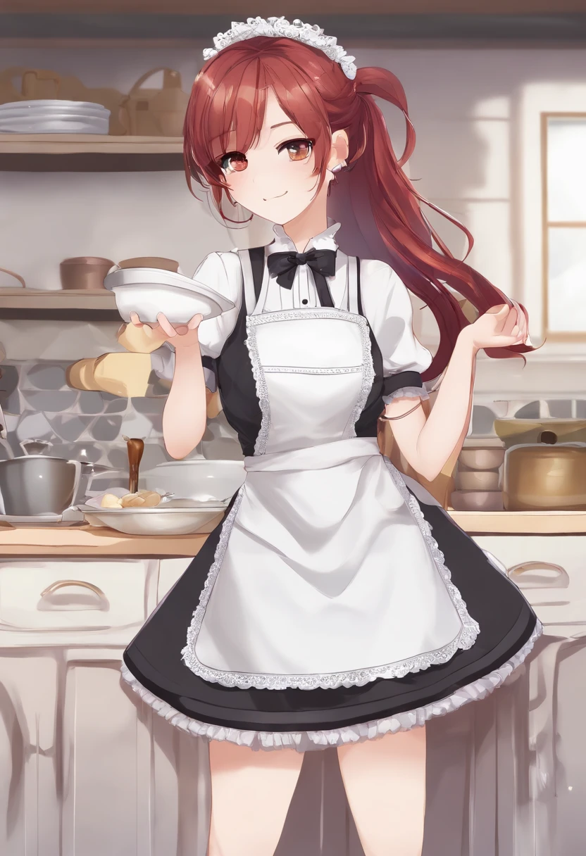 Masterpiece,(Best quality, illustration,Detailed face:1.3),(1girll,Solo:1.3),Beautiful detailed eyes,  aprons, Gradient_Background, Gradient, maid, Purple eyes,Red hair,Small breasts,, Break, teens girl, White_aprons, black_dress, pony tails, black_Footwear, frilld_aprons, dress, maid_aprons, alternate_Hair,Very long hair, split_pony tails, Halo