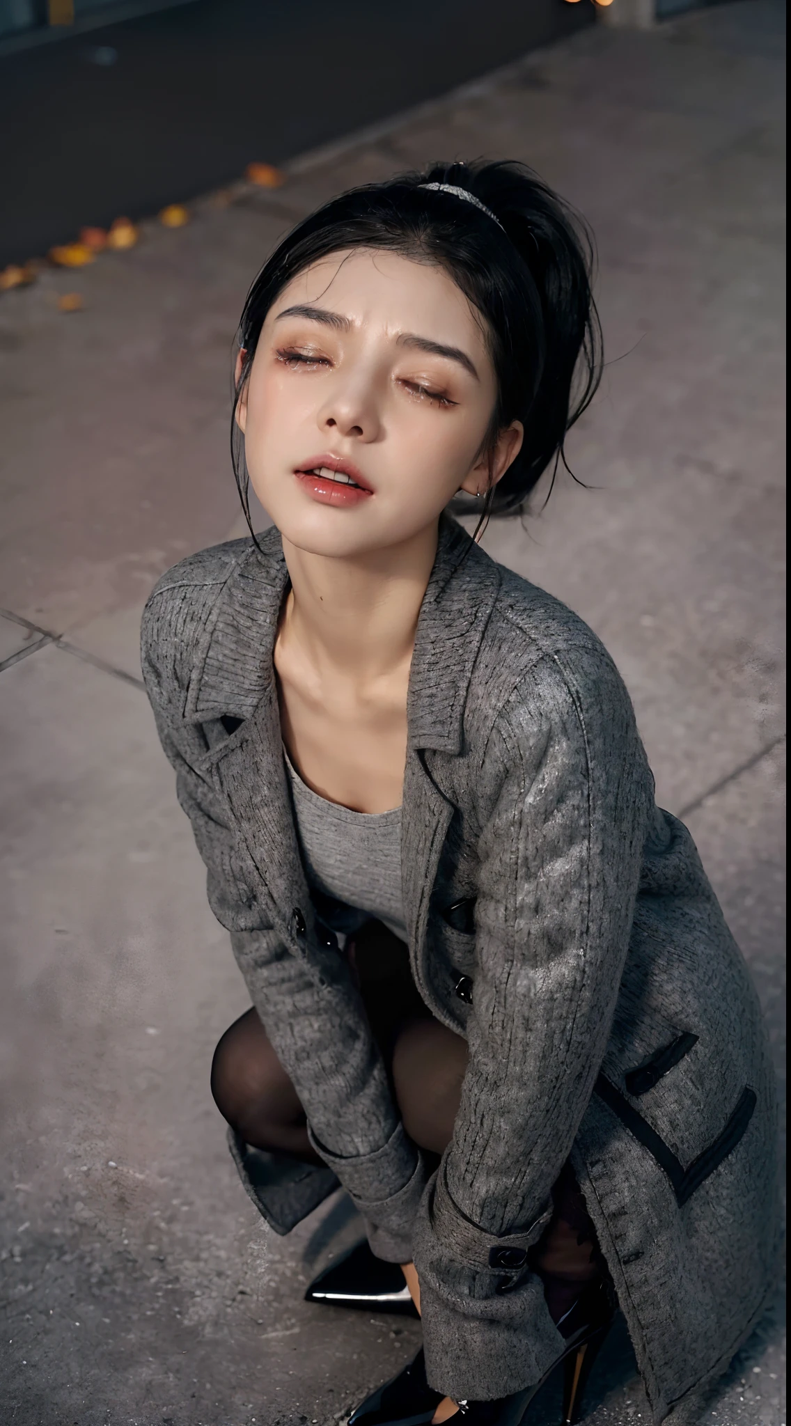 (Small lower chest,small heads)), (perfect bodies: 1.1), (Straight hair at shoulder length:1.1),(Black hair:1.5),(short ponytail hair:1.3),(极其细致的CG 8k壁纸),(Extremely refined and beautiful),(Masterpiece),(best qualtiy:1.0),(超高分辨率:1.9）,[A high resolution],A girl,(painful:1.3), (Panic:1.3), (fear:1.3),(Crying:1.5), (Tears:1.5),(closing her eyes:1.3),(Open mouth:1.2),(Smooth and flawless fair skin:1.5),(Shiny skin:1.5),(Exquisite makeup:1.3),ultra - detailed ，Elongated legs,(Small breasts:1.1),Flat chest,Slim,emaciated,(Torn gray wool coat:1.5),(Torn black pantyhose:1.4),(High heels:1.3),(Late autumn:1.5),In a residential area,High-rise residential building,At the door of the building,(Lie flat on the ground:1.5),(Legs apart:1.3),(female :1.3), (Blush:1.3),(Sweat:1.6),(Night scene:1.3),Upper body,(Cowboy shot:1.3),(Close-up Shot Shot:1.3),Portrait,From above,Look down at the camera perspective