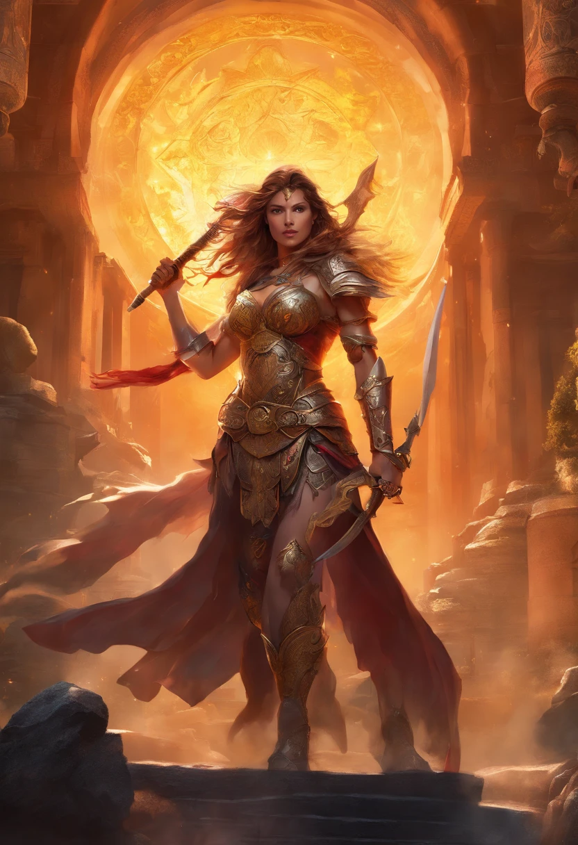 Barbarian Tall muscled defined woman, detailed armor, red and gold engraved leather armor, intricate designs on the armor, intricate armor engravings, imposing and powerful stance, fierce expression, red wild mane braided hair, dynamic pose, intense battle scene, fantasy setting, vibrant colors, dramatic lighting, epic atmosphere, mythical creatures in the background, magical effects surrounding the sword,  attention to anatomy and facial features, iconic use of highlights and shadows, capturing emotion, masterful composition, portraying strong female characters. (best quality, 4k resolution, highres, ultra-detailed, photorealistic:1.37), HDR lighting, studio-quality rendering, professional-quality artwork based on yoshitaka amano work.