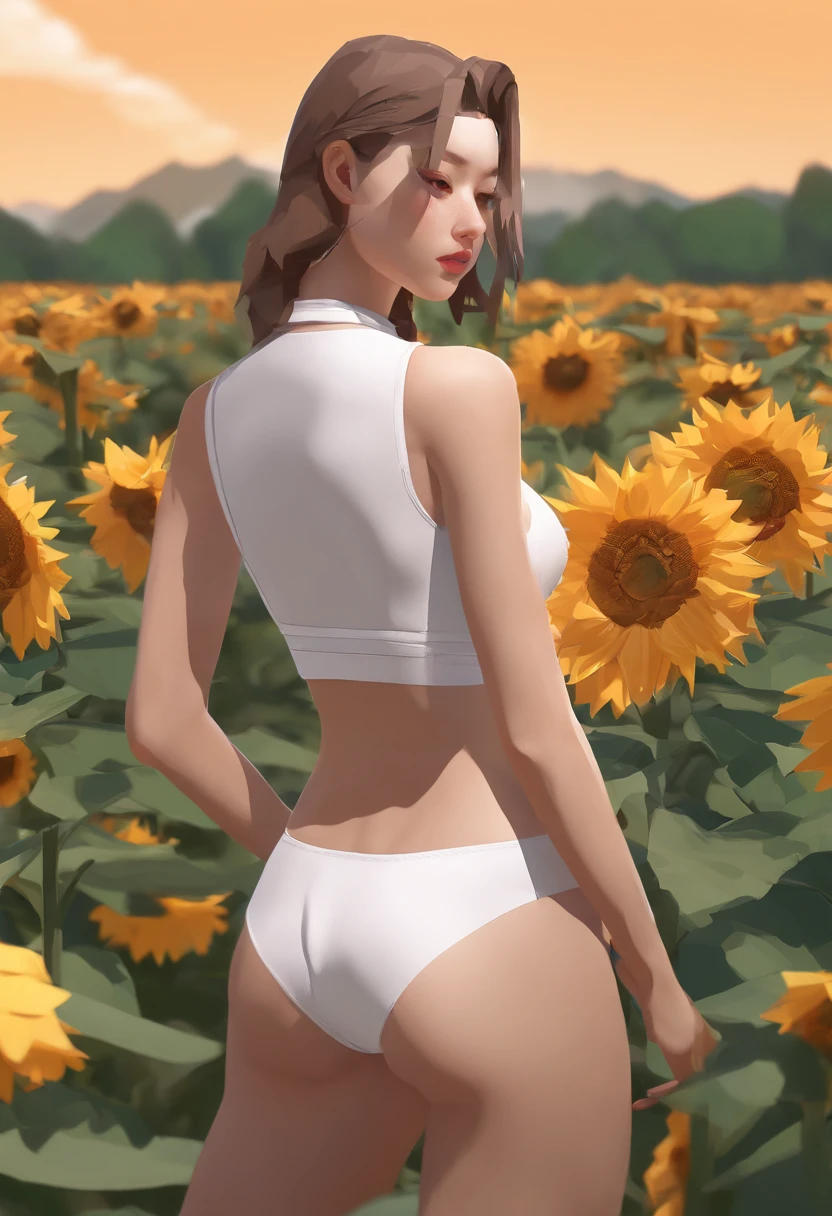 1 girl, ((raised huge round buttocks)), Wide A sunflower field in full bloom,Back view of a woman in Translucent white thong (underwear),long shot,wide view, commercial photography,award-winning photograph,(photorealistic),unity 8k wallpaper,(ultra detailed:1.3),(light_on_face:1.4),CanonEOS 5D MarkIV DSLR