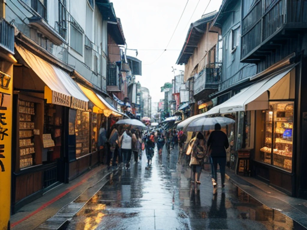 street corner,alleys,Snack street,Crowds,a sea of people,gloomily,Foot,little bit of raining