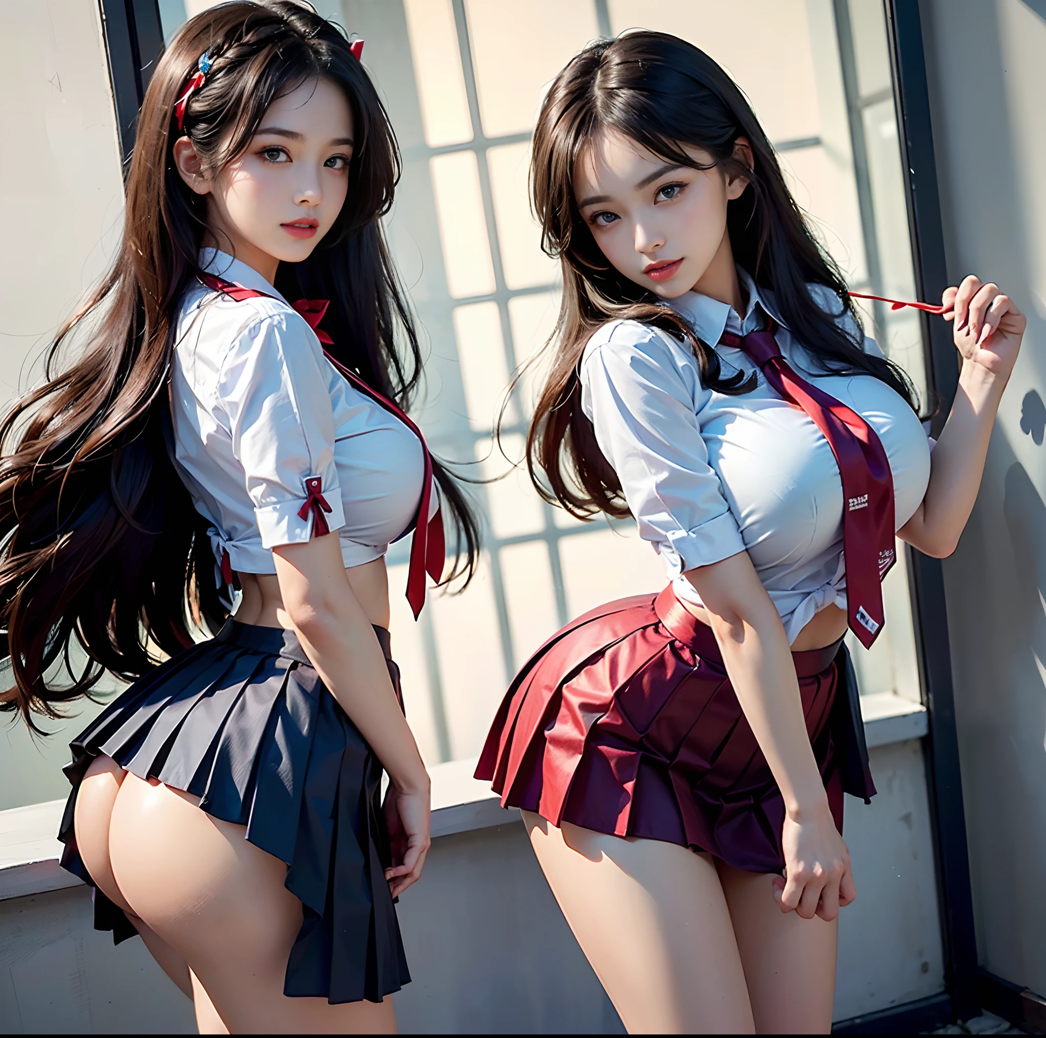 top-quality, masterpiece, (Professional lighting without shadows), A hyper-realistic, Bewitching, perfect anatomia, Two girls, (Proudly stand in front of the camera、Girl showing off ribbon tie, Another girl on the other side, Bend over and stick your butt out towards the camera), ( Huge breasts:1.3), (Bright and even whitening skin without wrinkles and steps), (Bright beautiful blue eyes with long eyelashes and red tear bags reflected light:1.3)、 (Braided half-up hair with bangs), (Her costume is a high school girl uniform but she dresses up with a super mini pleated skirt length very short.:1.4), (Proudly showing off a crimson ribbon tie from the front:1.4), (Another girl on the other side、To beautifully emphasize the proud ultra mini pleated skirt、Showing off a pose with the buttocks exposed from directly behind:1.3), (Beautiful face squinting in dazzling light:1.4), ssmile,