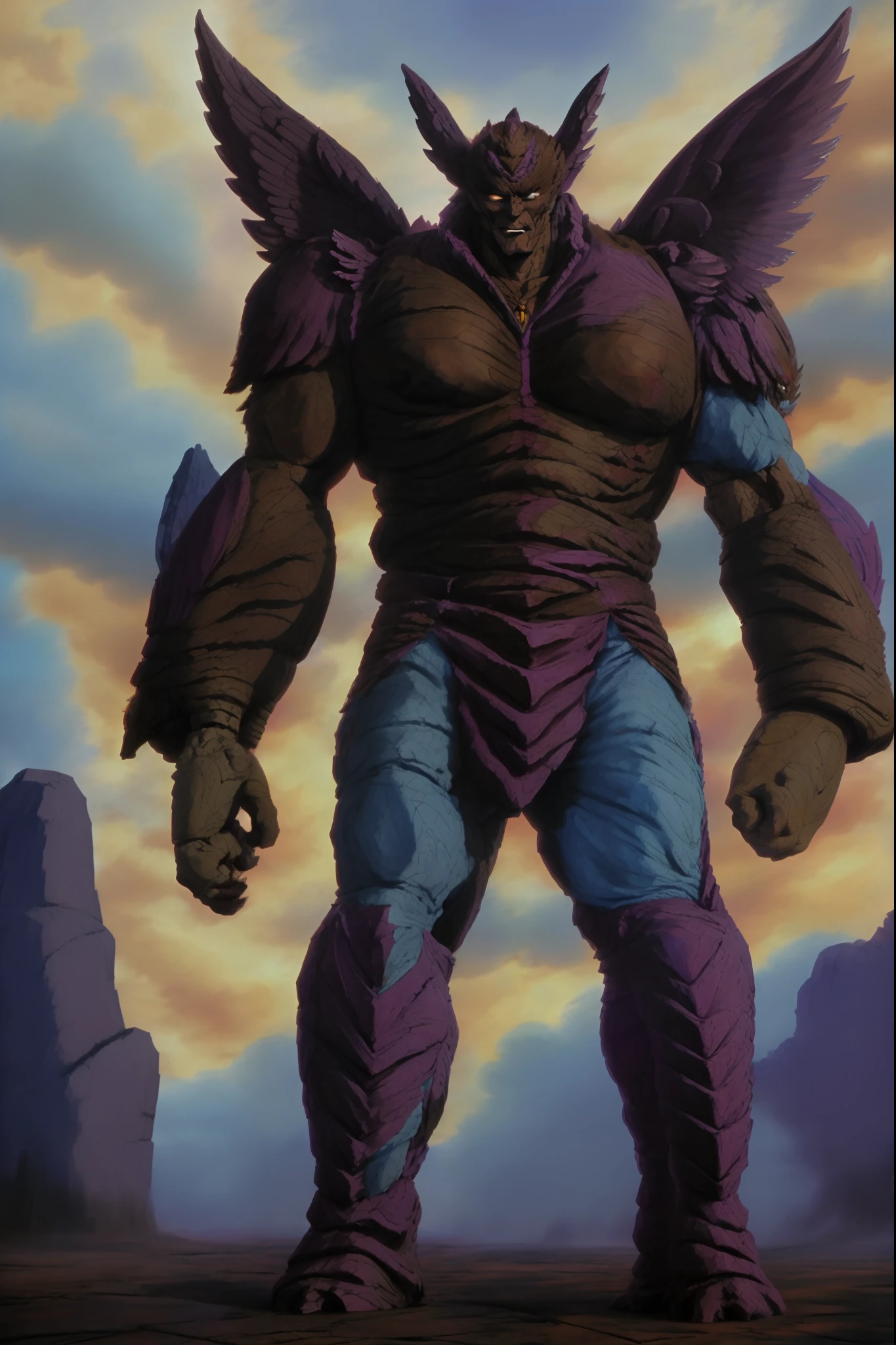 tall man, stone body, flower eyes, angel and demon wings, long hair, HNKstyle, 80's anime,, pants, armor, dress