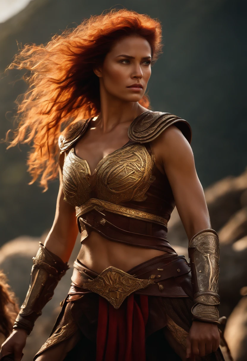 Barbarian Tall muscled defined woman, detailed armor, red and gold engraved leather armor, intricate designs on the armor, intricate armor engravings, imposing and powerful stance, fierce expression, red wild mane braided hair, dynamic pose, intense battle scene, fantasy setting, vibrant colors, dramatic lighting, epic atmosphere, mythical creatures in the background, magical effects surrounding the sword,  attention to anatomy and facial features, iconic use of highlights and shadows, capturing emotion, masterful composition, portraying strong female characters. (best quality, 4k resolution, highres, ultra-detailed, photorealistic:1.37), HDR lighting, studio-quality rendering, professional-quality artwork based on yoshitaka amano work.