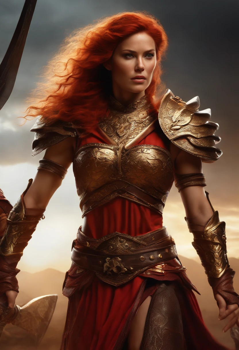 Barbarian Tall muscled defined woman, detailed armor, red and gold engraved leather armor, intricate designs on the armor, intricate armor engravings, imposing and powerful stance, fierce expression, red wild mane braided hair, dynamic pose, intense battle scene, fantasy setting, vibrant colors, dramatic lighting, epic atmosphere, mythical creatures in the background, magical effects surrounding the sword,  attention to anatomy and facial features, iconic use of highlights and shadows, capturing emotion, masterful composition, portraying strong female characters. (best quality, 4k resolution, highres, ultra-detailed, photorealistic:1.37), HDR lighting, studio-quality rendering, professional-quality artwork based on yoshitaka amano work.