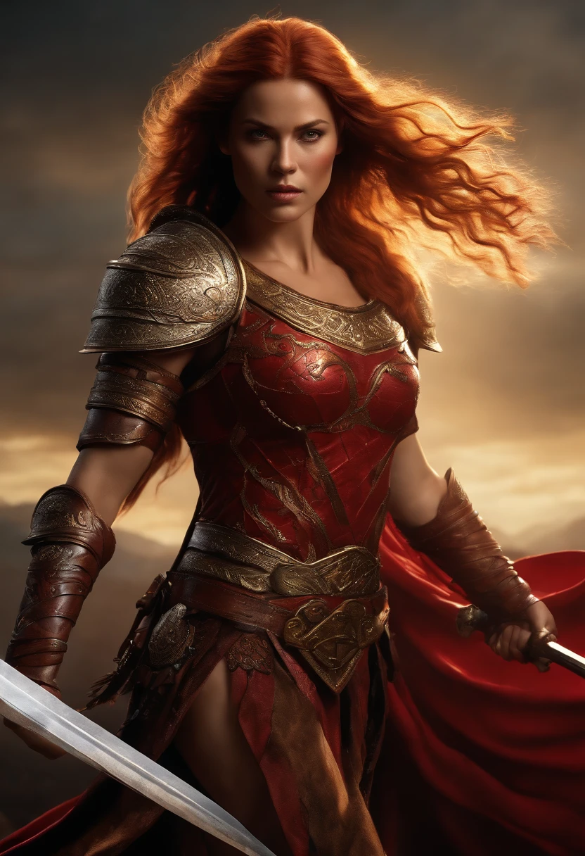 Barbarian Tall muscled defined woman, detailed armor, red and gold engraved leather armor, intricate designs on the armor, intricate armor engravings, imposing and powerful stance, fierce expression, red wild mane braided hair, dynamic pose, intense battle scene, fantasy setting, vibrant colors, dramatic lighting, epic atmosphere, mythical creatures in the background, magical effects surrounding the sword, attention to anatomy and facial features, iconic use of highlights and shadows, capturing emotion, masterful composition, portraying strong female characters. (best quality, 4k resolution, highres, ultra-detailed, photorealistic:1.37), HDR lighting, studio-quality rendering, professional-quality artwork based on yoshitaka amano work.