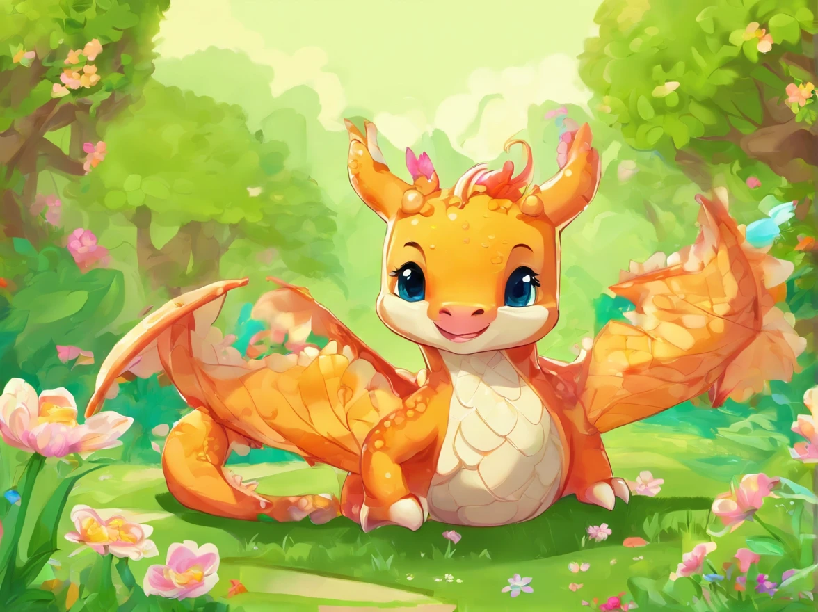 The little dragon strolled through the thick forest, surrounded by green trees and wild flowers, with hills and rivers in the distance.