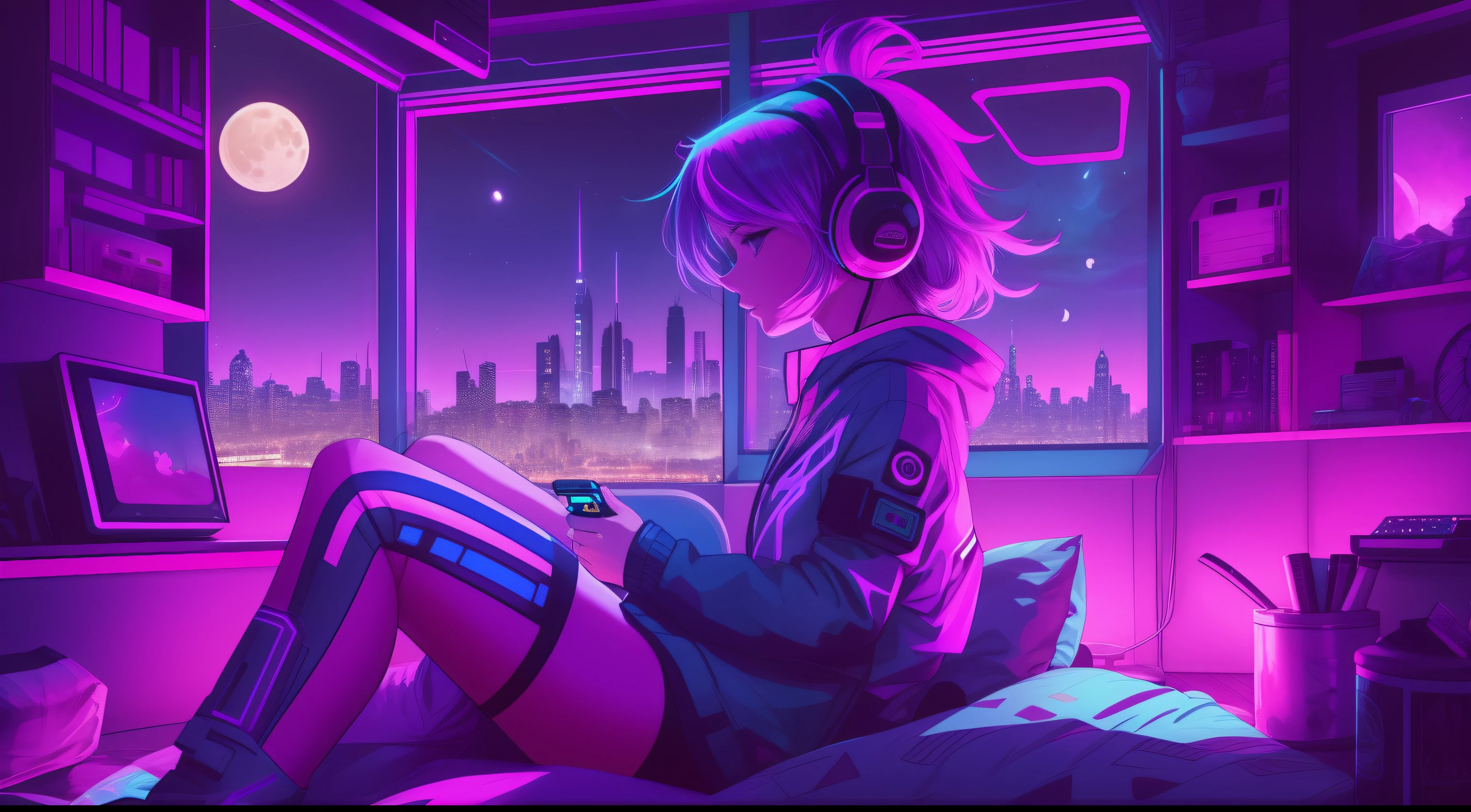 Lopi-style night scenery, Girl character lying in bed listening to music, Dark Gamer Room, neons, Pellets in lilac and turquoise, There is a window from which you can see the cyberpunk city with the moon in the background