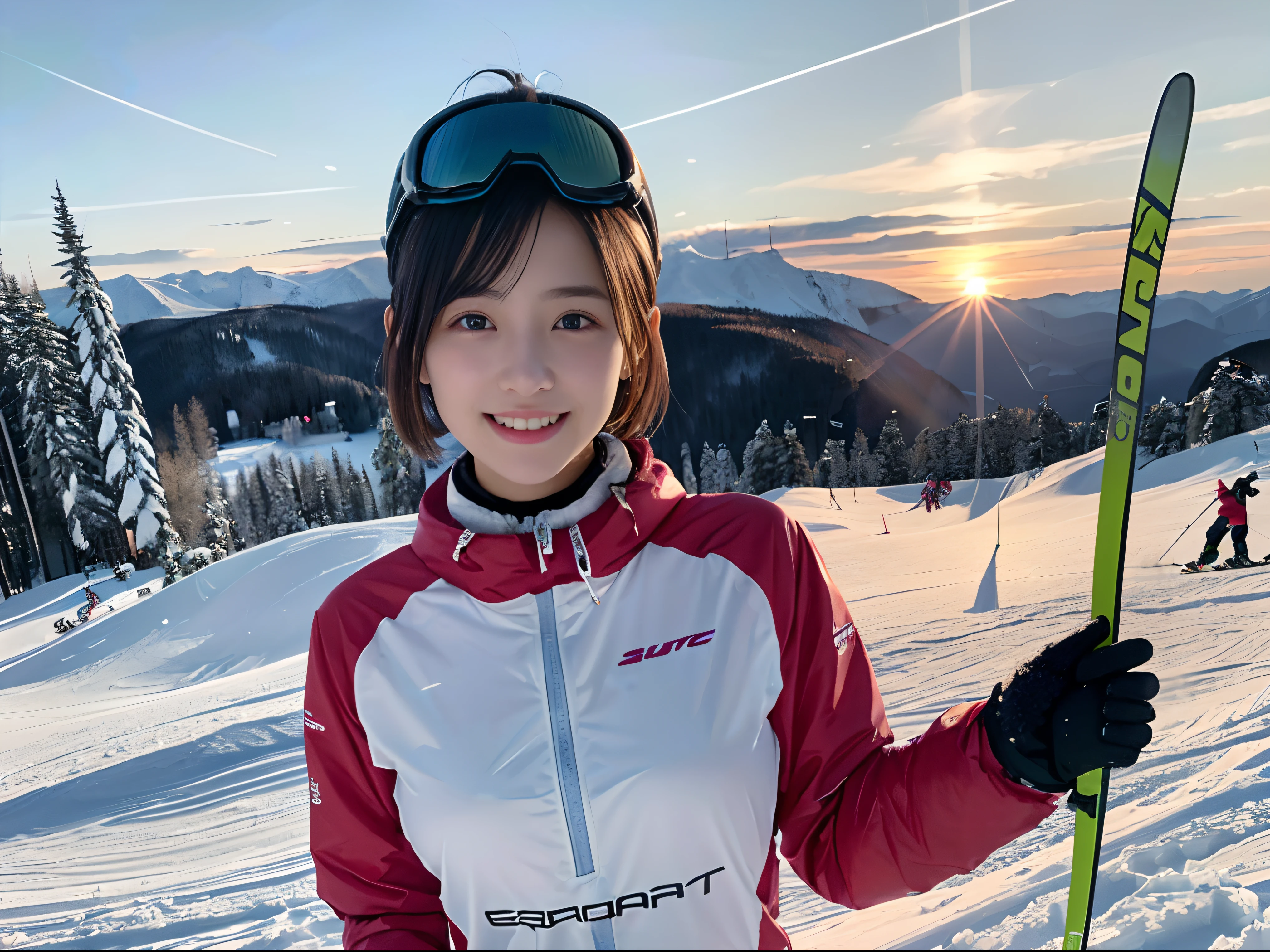 (Portrait of one girl with thin small breasts and short hair in colorful ski wear:1.5)、(One girl skiing with a show-off face and a small smile :1.5)、(Snow Ski Garden:1.5)、(Beautiful Sunset Sky 1.5)、(Perfect Anatomy:1.3)、(No mask:1.3)、(complete fingers:1.3)、Photorealsitic、Raw photography、masutepiece、top-quality、hight resolution、delicate and pretty、face perfect、Beautiful detailed eyes、Fair skin、Real Human Skin、pores、((thin legs))、(Dark hair)