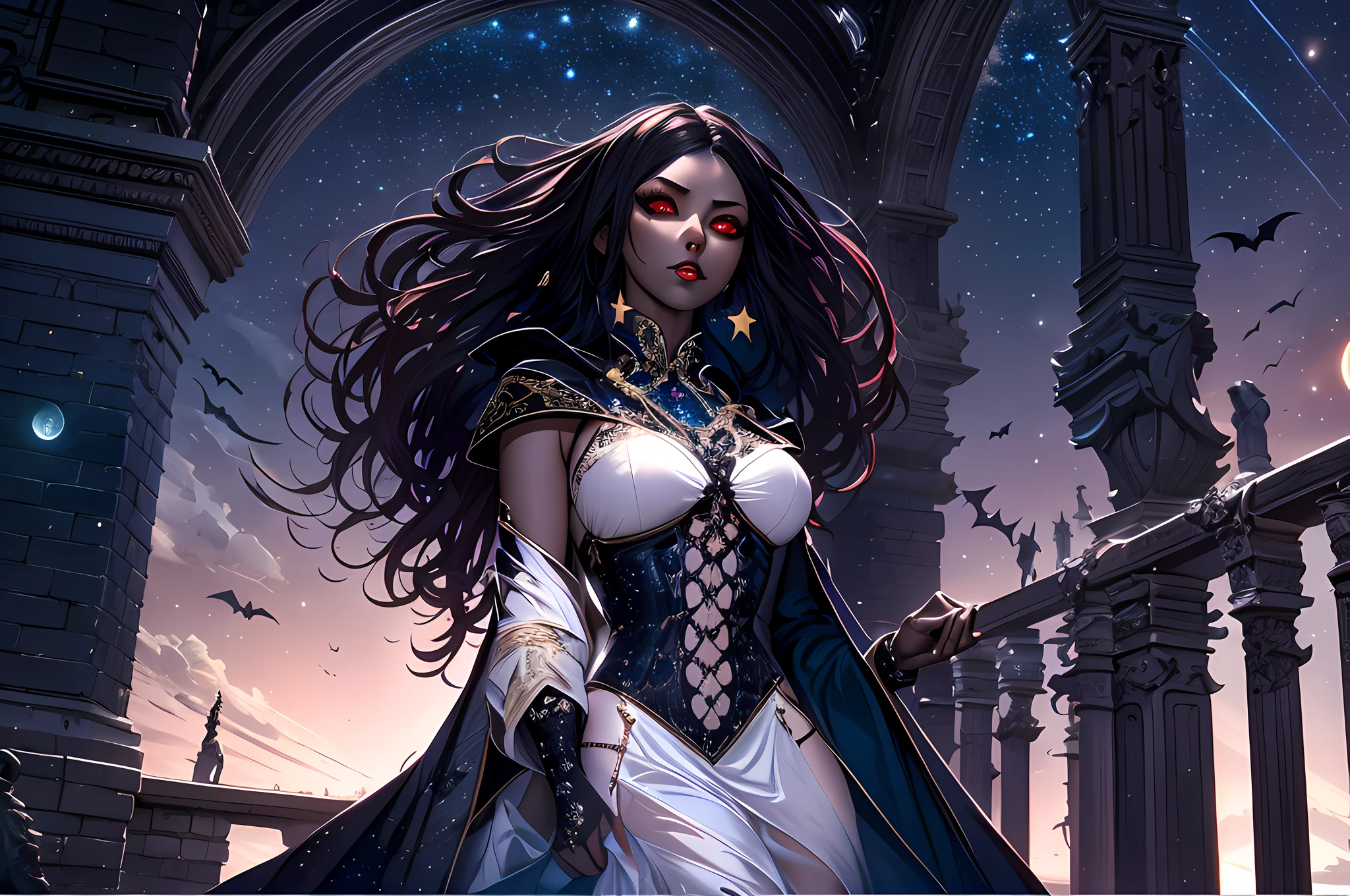 a picture of an exquisite beautiful female vampire standing under the starry night sky on the porch of her castle, dynamic angle (ultra detailed, Masterpiece, best quality), ultra detailed face (ultra detailed, Masterpiece, best quality), ultra feminine, (black skin: 1.3), black hair, wavy hair, dynamic eyes color, cold eyes, glowing eyes, intense eyes, dark red lips, [fangs], wearing white dress (ultra detailed, Masterpiece, best quality), wearing blue cloak (ultra detailed, Masterpiece, best quality), long cloak, flowing cloak (ultra detailed, Masterpiece, best quality), wearing high heeled boots, sky full of stars background, moon, bats flying about, high details, best quality, 8k, [ultra detailed], masterpiece, best quality, (ultra detailed), full body, ultra wide shot, photorealism, dark fantasy art, dark fantasy art, gothic art, many stars, dark fantasy art, gothic art, sense of dread,