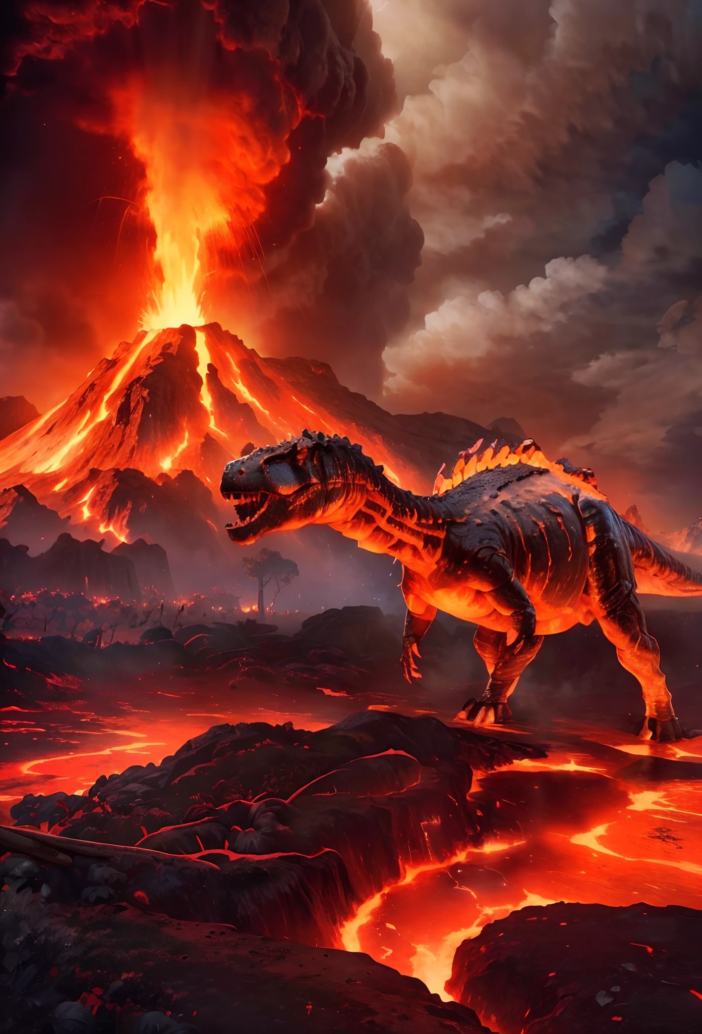 (8K, Highest quality, high resolution, Super detailed), Ancient volcanoes, Major eruptions, Triceratops on the ground, theelementoffire，molten lava, Shiny red magma, Flowing magma, A massive eruption that wiped out dinosaurs, Black smoke, Lava meteors, natural disaster, Burning earth, theelementoffire