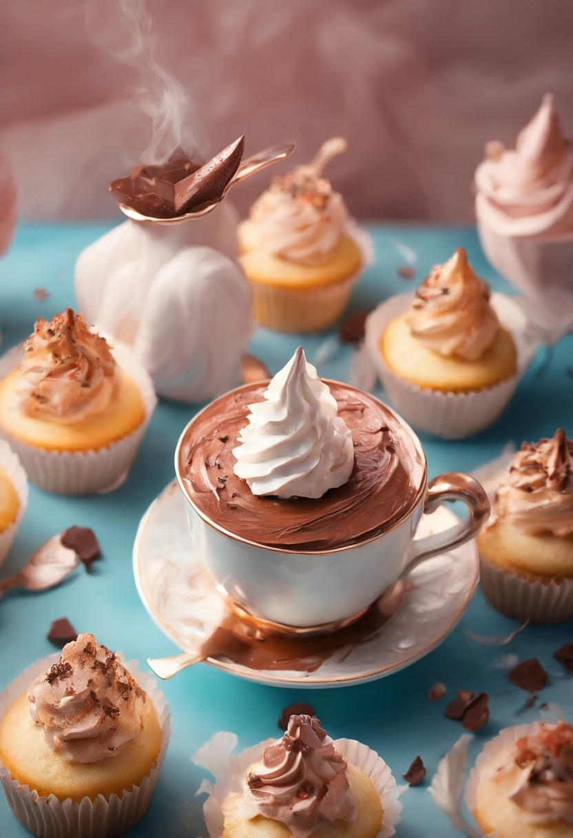 (Close up of chocolate in teacup and whipped cream cupcakes), Surrealist stunning food illustration, wonderful compositions, culinary art photography, Amazing food photography, 3 d illutration, baking artwork, cinema 4 d art, author:Marie Bashkirtsev, made with photoshop, 3D collage, 3 d epic illustrations, beeple. hyper photorealism