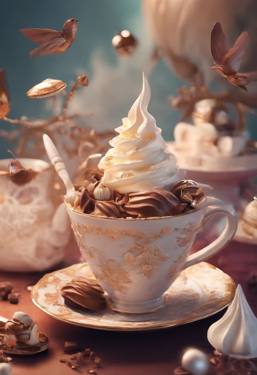 (Close up of chocolate in teacup and whipped cream cupcakes), Surrealist stunning food illustration, wonderful compositions, culinary art photography, Amazing food photography, 3 d illutration, baking artwork, cinema 4 d art, author:Marie Bashkirtsev, made with photoshop, 3D collage, 3 d epic illustrations, beeple. hyper photorealism