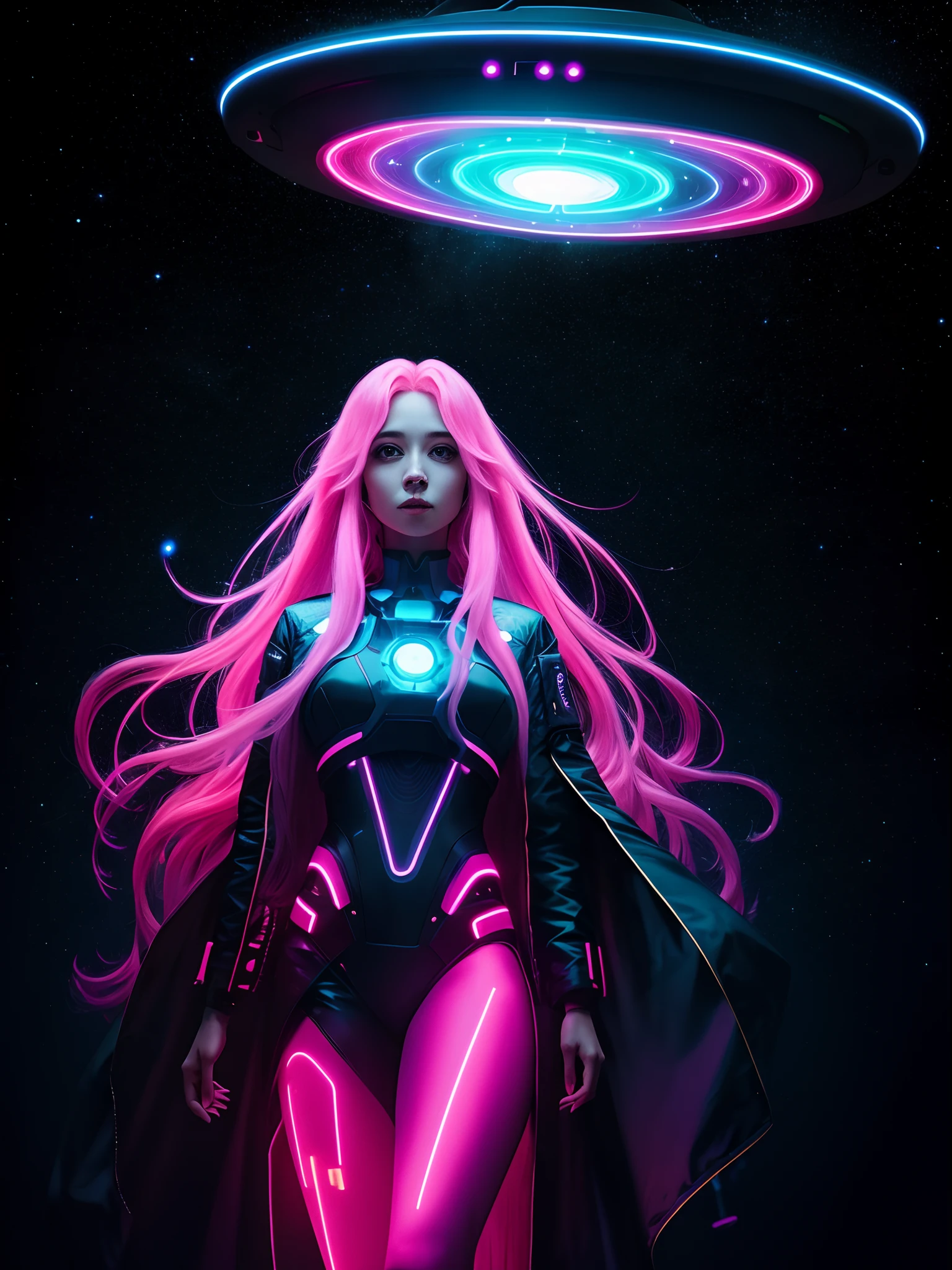 Woman with long pink hair, Night, neonlight, flying saucer, rapto, Galaxy background, Neon lights, Black clothes with LEDs, 4K