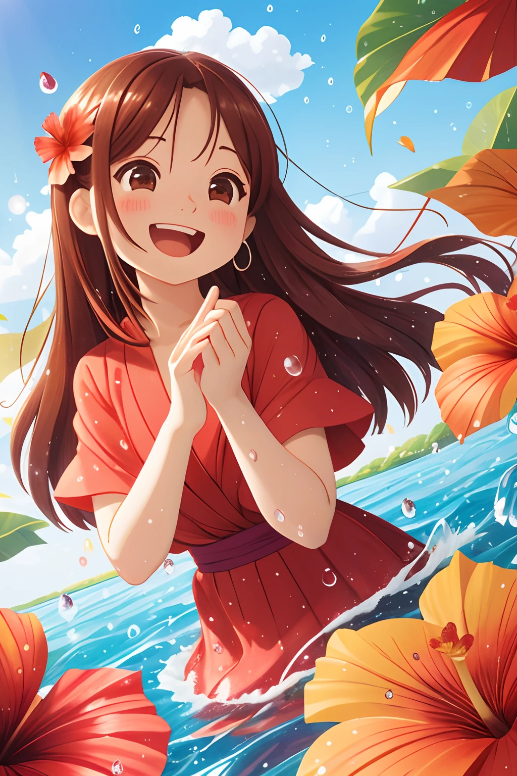 photoRealstic、Stand in front of the photo、laugh face、Water droplets on the cheeks、kawaii pose、Flowing Red Silk、bustup、Eye Up、Hibiscus petals、Blurring、brown haired、blue-sky、depth of fields、season!!: 夏☀ 🍂 ハイビスカス