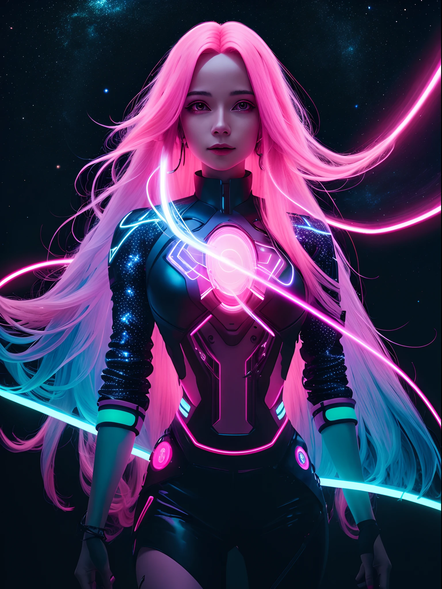 Woman with long pink hair, Night, neonlight, flying saucer, rapto, Galaxy background, Neon lights, Black clothes with LEDs, 4K