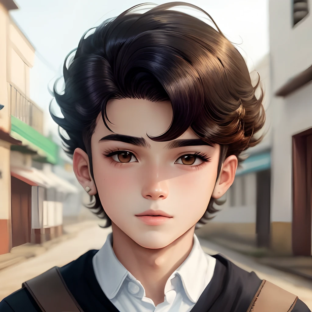 Menino de anime, olhos azuis, cabelo preto, alto, cabelo longo
