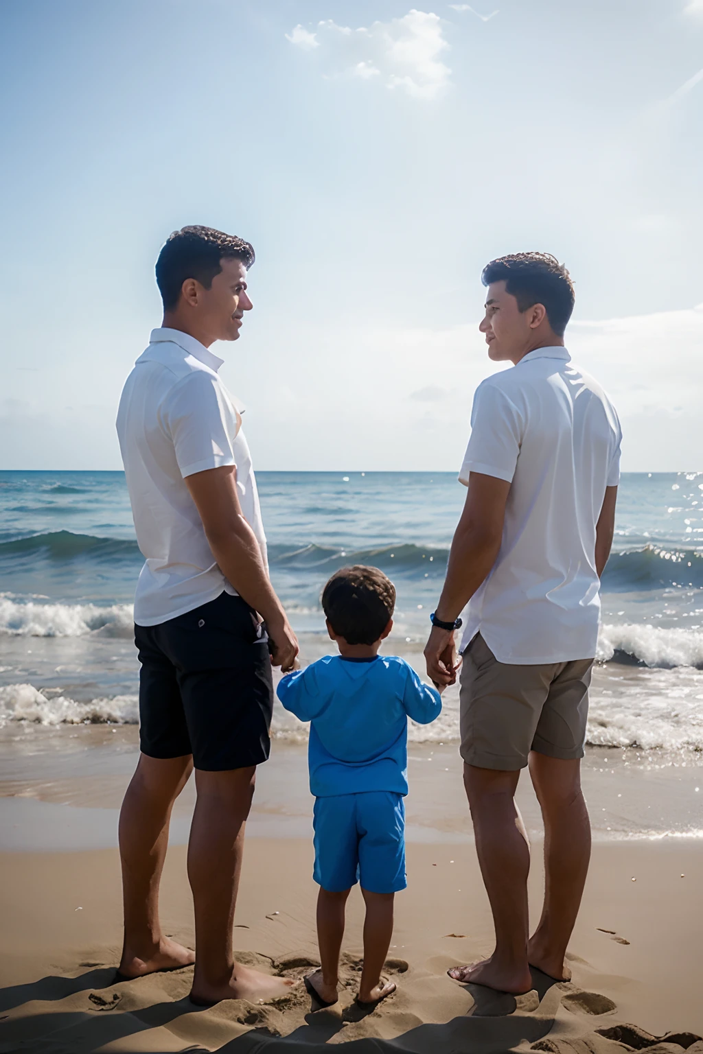 father and two boys seen from afar, playing on the beach, clear blue sky, white
