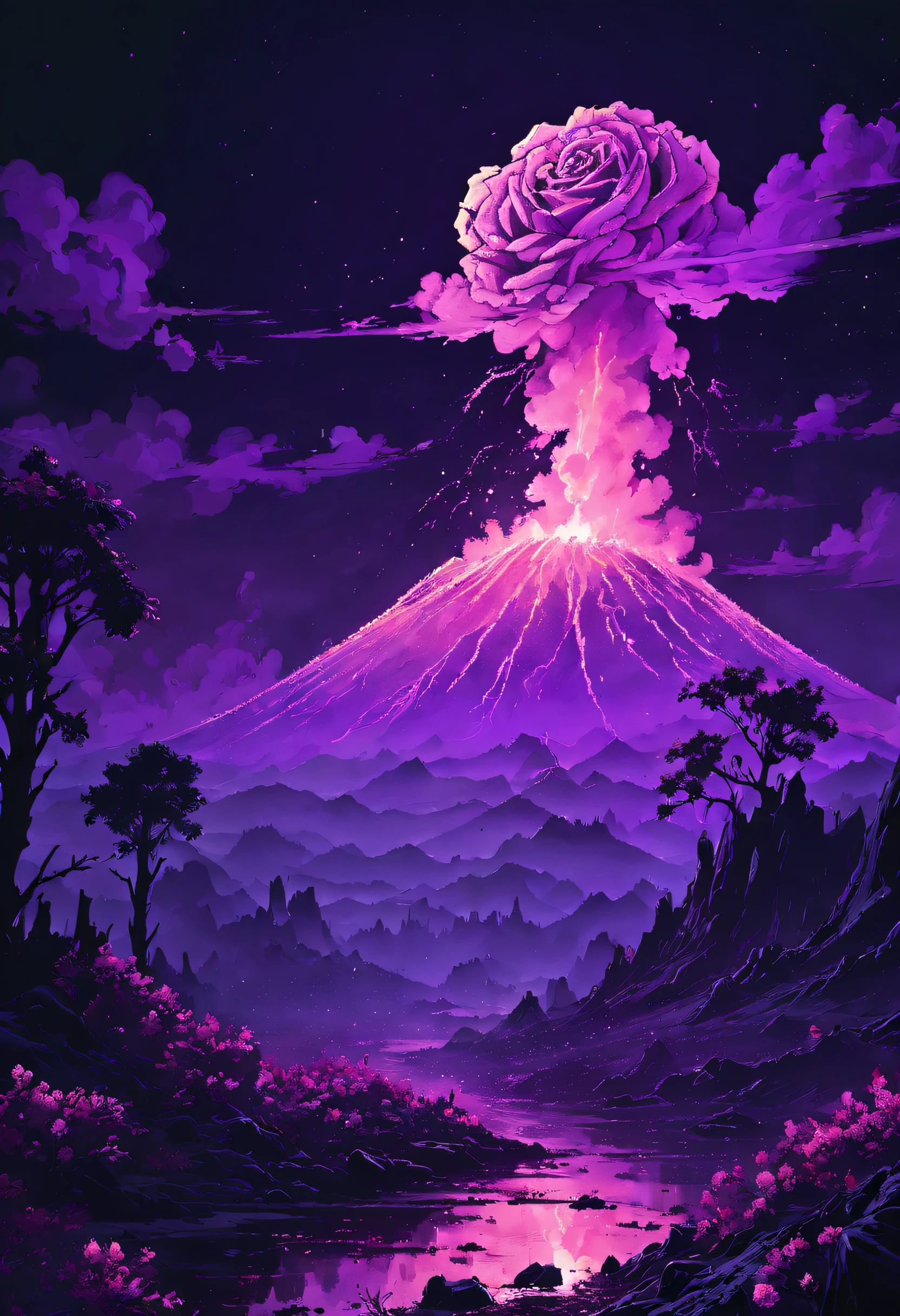 (Greenish-purple,Color scheme:1.4)(Best quality,4K,8K,A high resolution,Masterpiece:1.2),Radiation and volcanic eruptions, ((Smoke similar in shape to roses))In the crater， creating a surreal ambiance. Bask in moonlight, Volcanic eruptions cast an eerie glow on the swirling smoke in the air. Pixel art