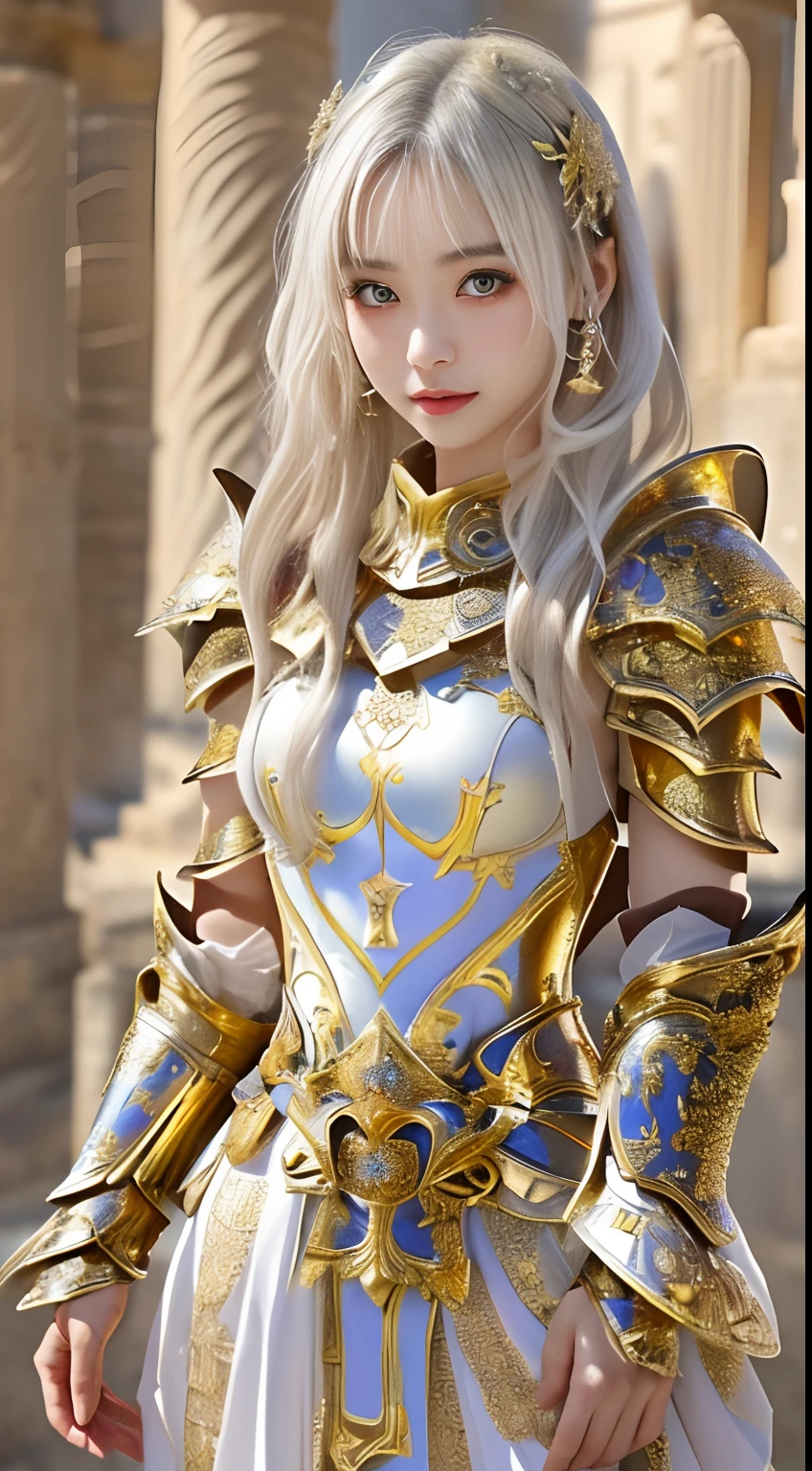 (top-quality), Realistic, (real picture, Intricate details), ((golden armor, armored dress, delicately decorated armor)), small chest:1.4, (Japanese college girl), ((standing in Greek Temple In the desert)), ((intelligent face, neat face:1.1, parted lips)), (Fair skin), wavy white hair, long hair, sunlight