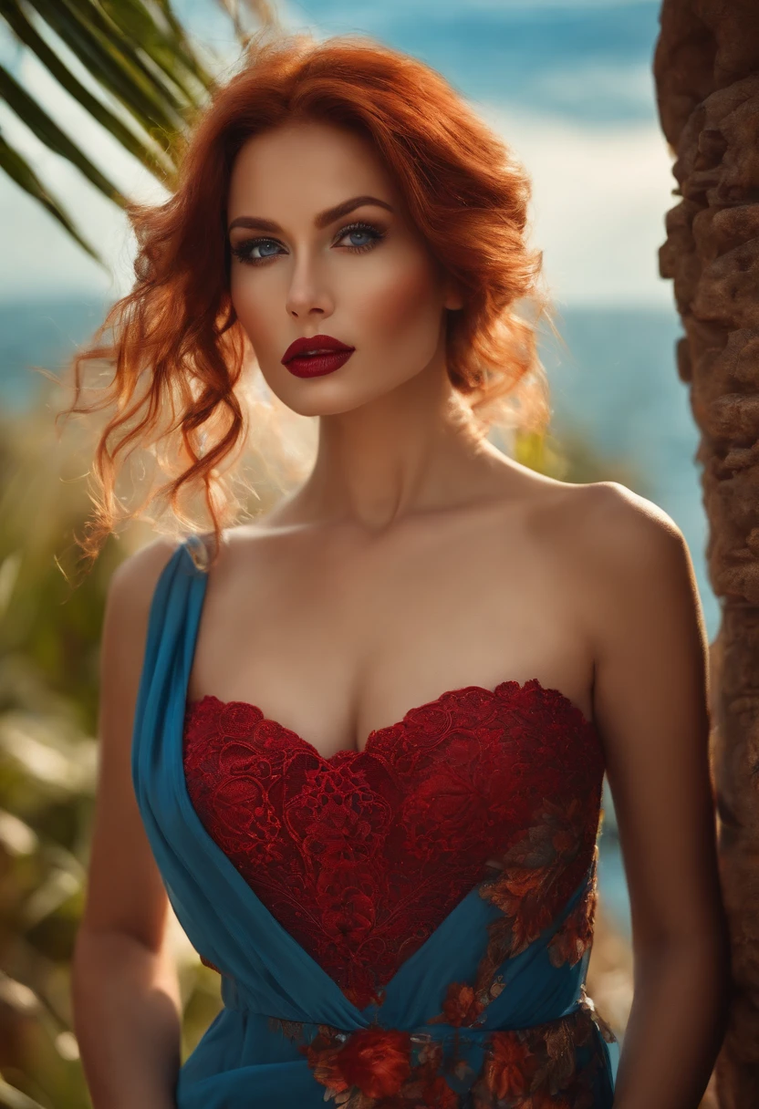 woman sexy breast niple red hair long bikini blue eye brunette red lips fantasy dress