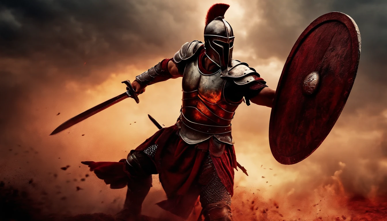 A spartan warrior with bloody armor, fiercely battling on the battlefield. (best quality, 8k, epic:1.2), going to attack with furious rage.