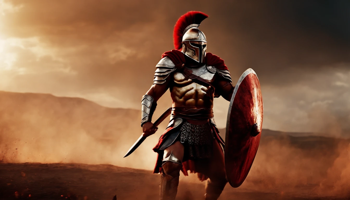 A spartan warrior with bloody armor, fiercely battling on the battlefield. (best quality, 8k, epic:1.2), going to attack with furious rage.