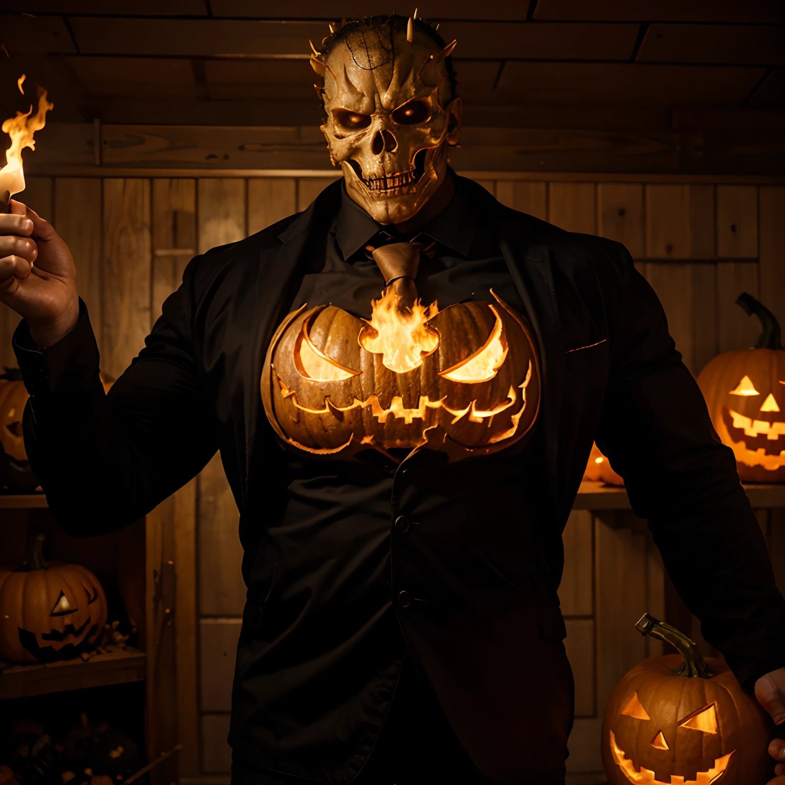 Ghost rider , muscled with huge pecs , hugge torso , huge arms , with a pumpkin on his head like halloween with fire , in suit with a tie ans spikes