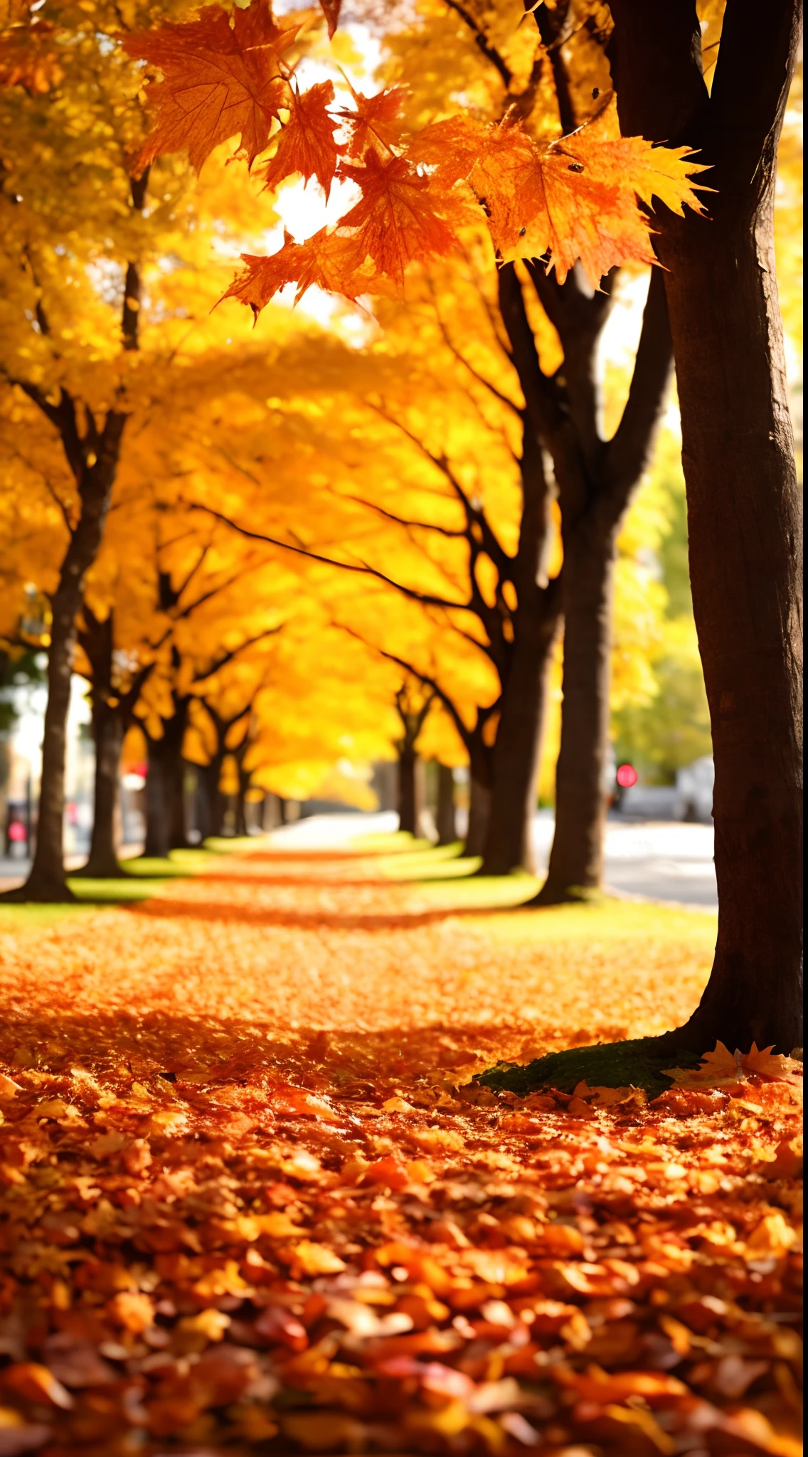 Trees with autumn leaves on the ground,The background is a building, magical leafs falling, in fall, in fall, Autumn leaves on the ground, warm beautiful scene, Autumn leaves fall, Really beautiful nature, fall season, red trees, nature in all its beauty, during fall, in fall, Autumn! colours, hyperrealistic fall, fall foliage