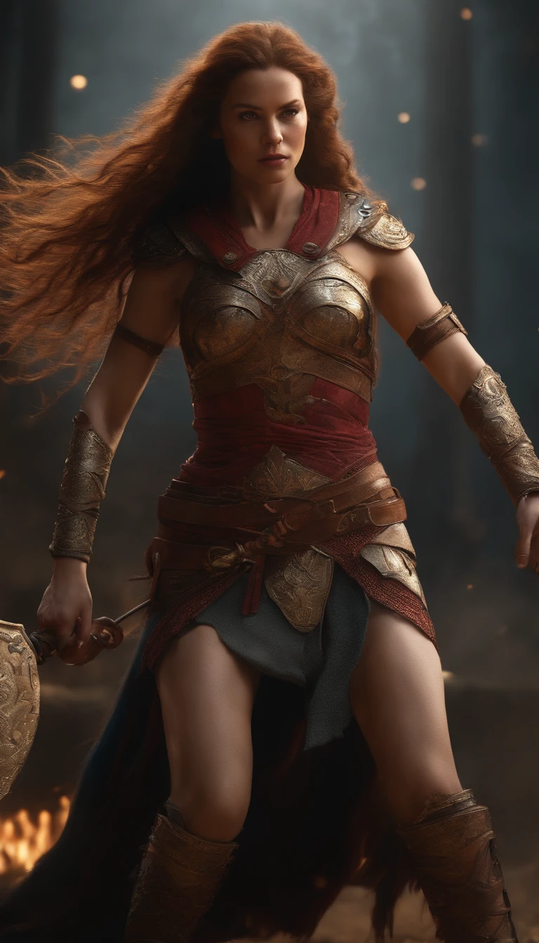 a woman with red hair, winged helmet, sword, red cape, thick thighs, kicking, leg up in air, pose,