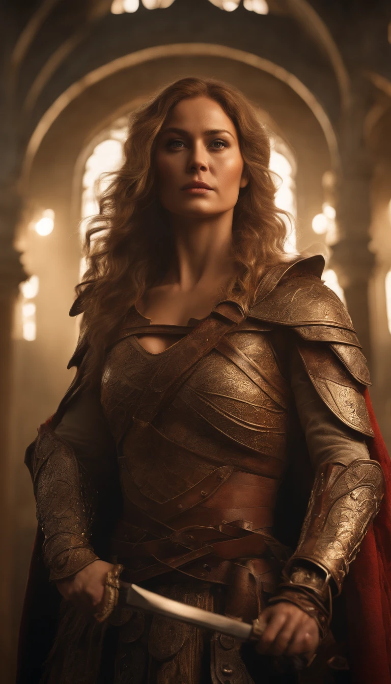 Tall muscled defined woman, detailed armor, red and gold engraved leather Cuirass, intricate designs on the Cuirass, intricate Cuirass engravings, imposing and powerful stance, fierce expression, red wild mane braided hair, dynamic pose, intense battle scene, fantasy setting, vibrant colors, dramatic lighting, epic atmosphere, mythical creatures in the background, magical effects surrounding the sword, attention to anatomy and facial features, iconic use of highlights and shadows, capturing emotion, masterful composition, portraying strong female characters. (best quality, 4k resolution, highres, ultra-detailed, photorealistic:1.37), HDR lighting, studio-quality rendering, professional-quality artwork based on yoshitaka amano work.