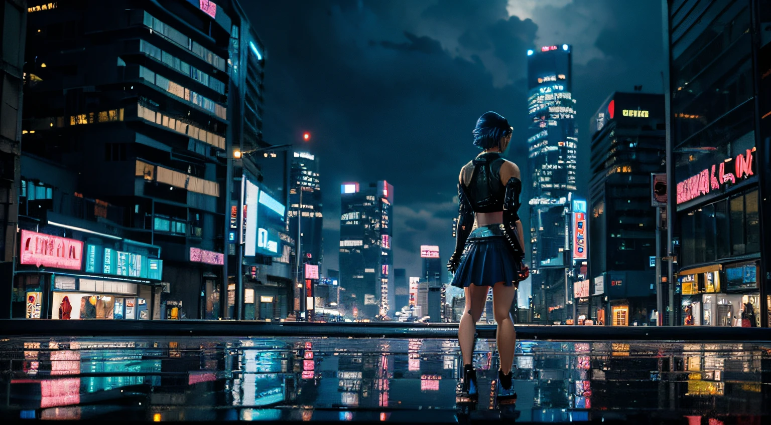 Cyberpunk city, many buildings, blue and pink neon lights, numerous reflections in puddles of water, rainy weather, atop a building, a girl with short blue hair, wearing a top and a skirt, with a sword on her back, in a realistic painting style image