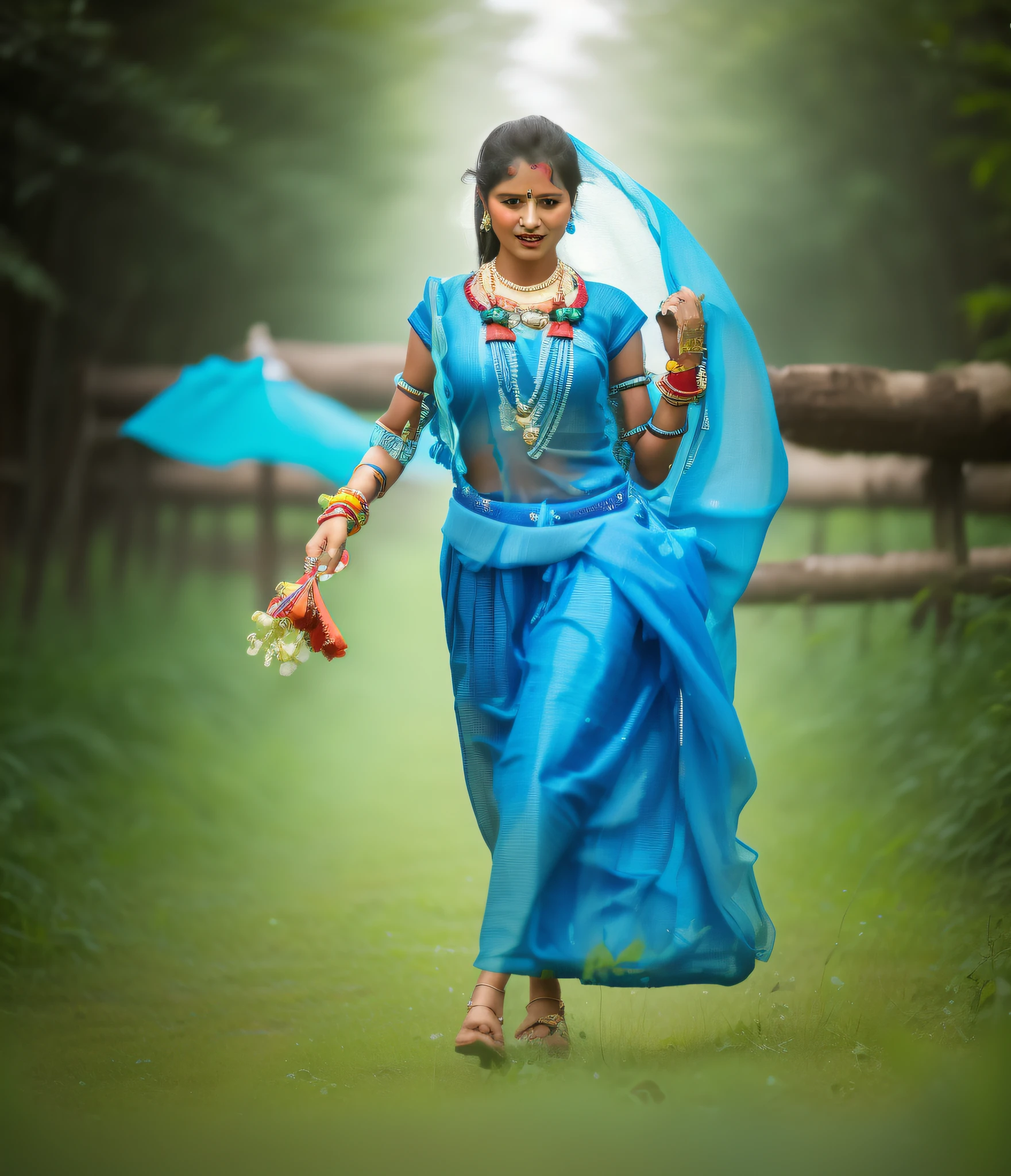 arafed woman in a blue sari walking in a field, blue colored traditional wear, very beautiful enga style, blue jewellery, traditional beauty, with beautiful colors, very beautiful photo, traditional clothing, indian style, traditional clothes, traditional dress, wearing traditional garb, beautiful woman, beautiful model, very beautiful, dressed in a sari