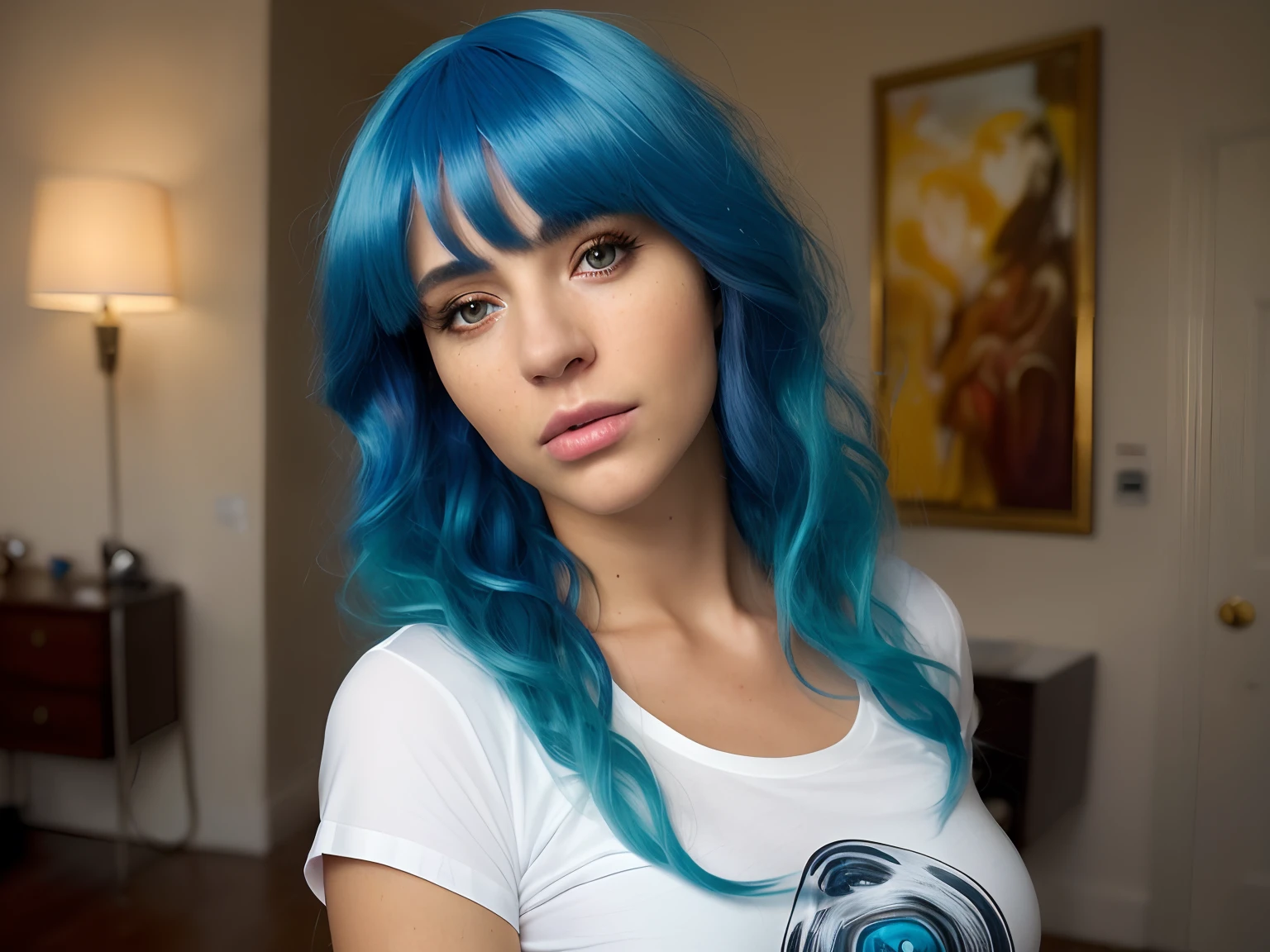 (masterpiece:1.4), (8k, photorealistic, RAW photo, best quality: 1.4), (one girl:1.5), beautiful face, (realistic face), (brown hair, neon blue hair wig, one shade, long curly with bangs, (enhanced salon perfect hair), beautiful hairstyle, realistic eyes, beautiful detailed eyes, (realistic skin), beautiful skin, (tight t-shirt), attractive, ultra high res, ultra-realistic, highly detailed, golden ratio, (caucasian:1.5),(photo realistic:1.4), (hyper realistic:1.4), (realistic:1.3), (smoother lighting:1.05), (increase cinematic lighting quality:0.9), 32K, 1girl, realistic lighting, backlighting, light on face, ray trace, (brightening light:1.2), (city of bath UK), bohken lights, dressed,(jennifer love hewitt:0.7)