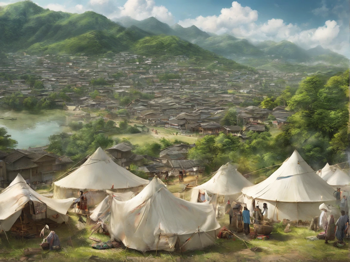 Xiaolong stood on the hill, and in the distance, he could see a village covered in windward tents. There are several white clouds floating in the sky above.