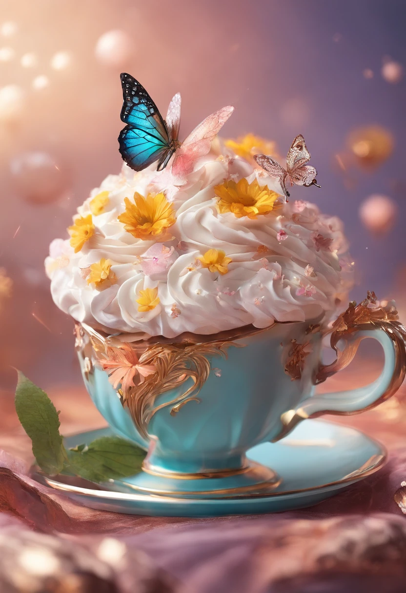 (Close up of chocolate in teacup and whipped cream cupcake),(morango,fresh flowers,butterflys)Surrealist stunning food illustration, wonderful compositions, culinary art photography, Amazing food photography, 3 d illutration, baking artwork, cinema 4 d art, author:Marie Bashkirtsev, made with photoshop, 3D collage, 3 d epic illustrations, beeple. hyper photorealism