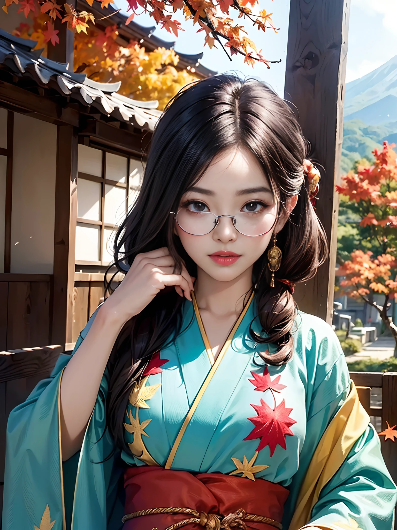 (rokoko:1.5)Background of details(the morning sun(mountainscape))(Kyoto in Japan(Colored leaves:1.5)),BREAK ,elaborate costume(Luxury kimono(Colorful kimono(detailed embroidery()))),BREAK,(1 Beautiful and classy adult woman(Japanese actressl:1.2)(glossy dark hair(poneyTail:1.2))),(eye glass:1.5),(Arms outstretched),BREAK,Wallpapers 16K,Blur the background,(masutepiece:1.5),(Best Quality:1.5),(Portrait photos:1.5),(full body Esbian)