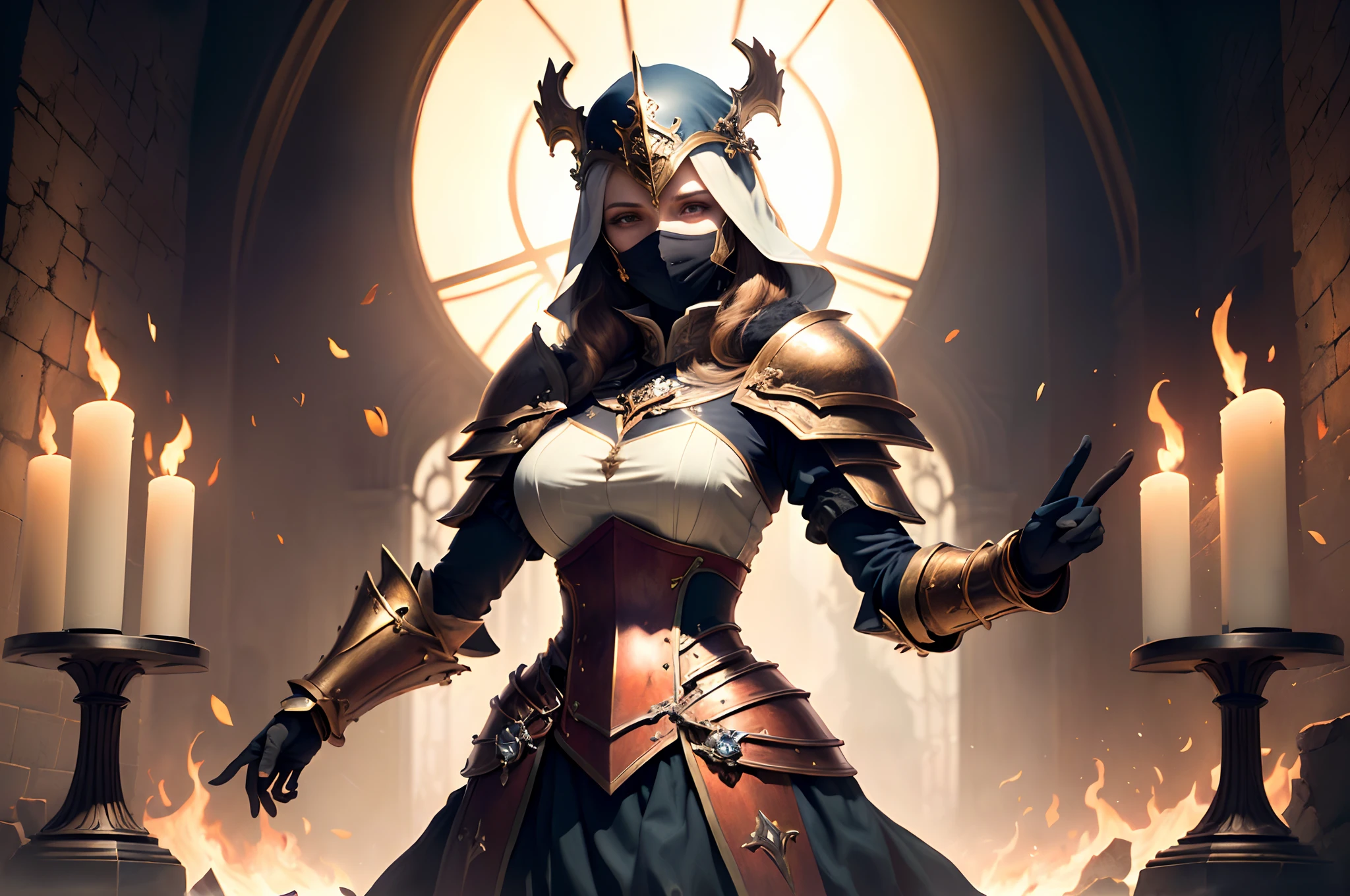 (absurderes, Intricate details, Masterpiece, Best quality, high resolution, 8K), 1 female, masked, finely detailed eyes and face, Russet low faded hair, Amber eyes, Portrait, view the viewer, Solo, Half shot, Detailed background, (Light fantasy theme:1.1), on focus, Mercenary, Sunshine, Floating waste, Colored plate armor, Divine aura, Bright and realistic lighting, Marble castle, Intense atmosphere, circle of the crone, Armory, braziers, , Depth of field, vfx.