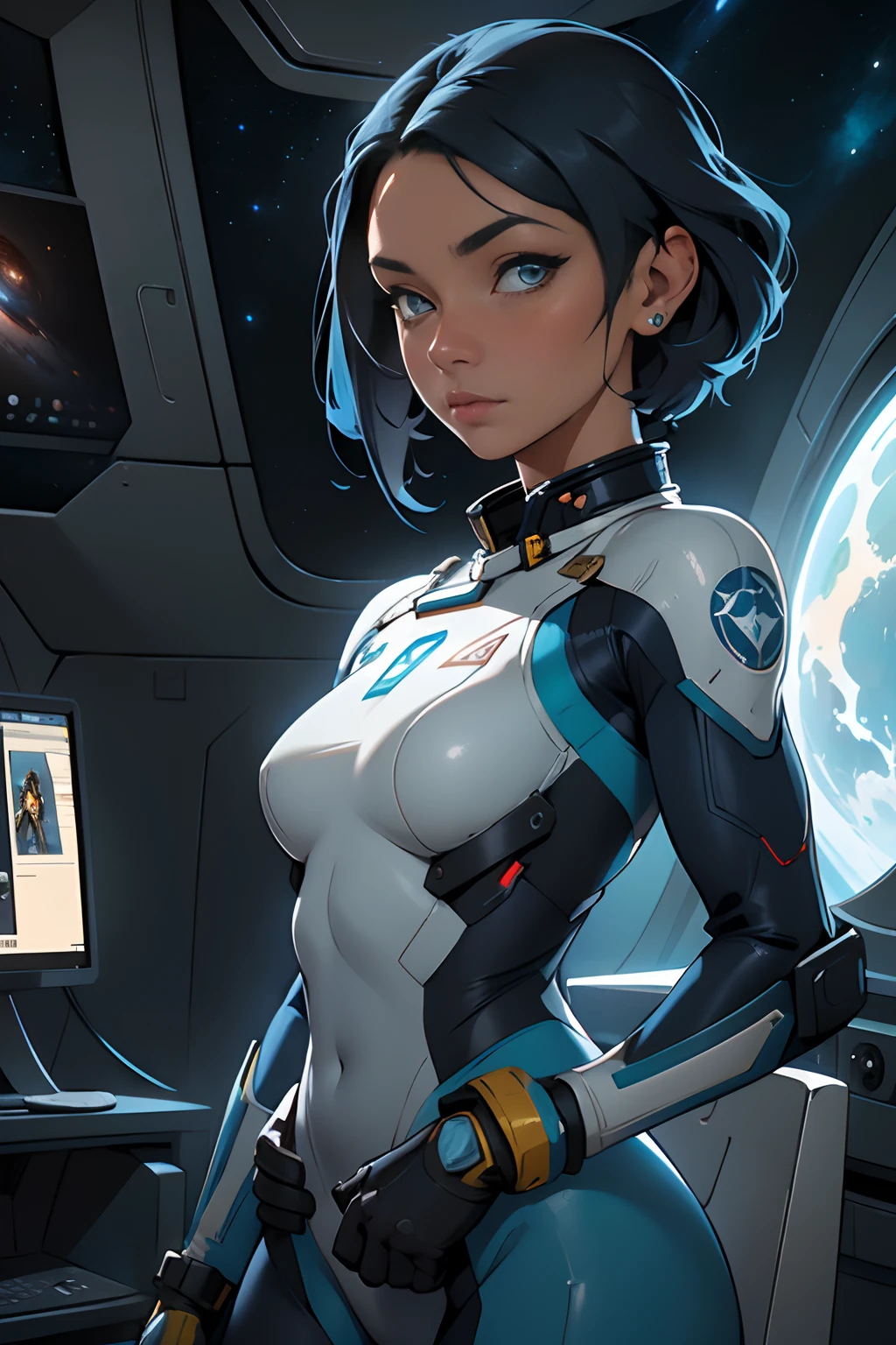 ((uma mulher com cabelos ruivos, pele azul natural)), vestindo um terno futurista, corpo inteiro, Traje Blindado Astronauta , Anime Space Cadet Girl, Wojtek FUS, Epic science fiction character art, Epic Sci-Fi Character Art, arte conceitual digital detalhada, Artstation Trend, Trend at Artstation headquarters, Sci - science fiction character