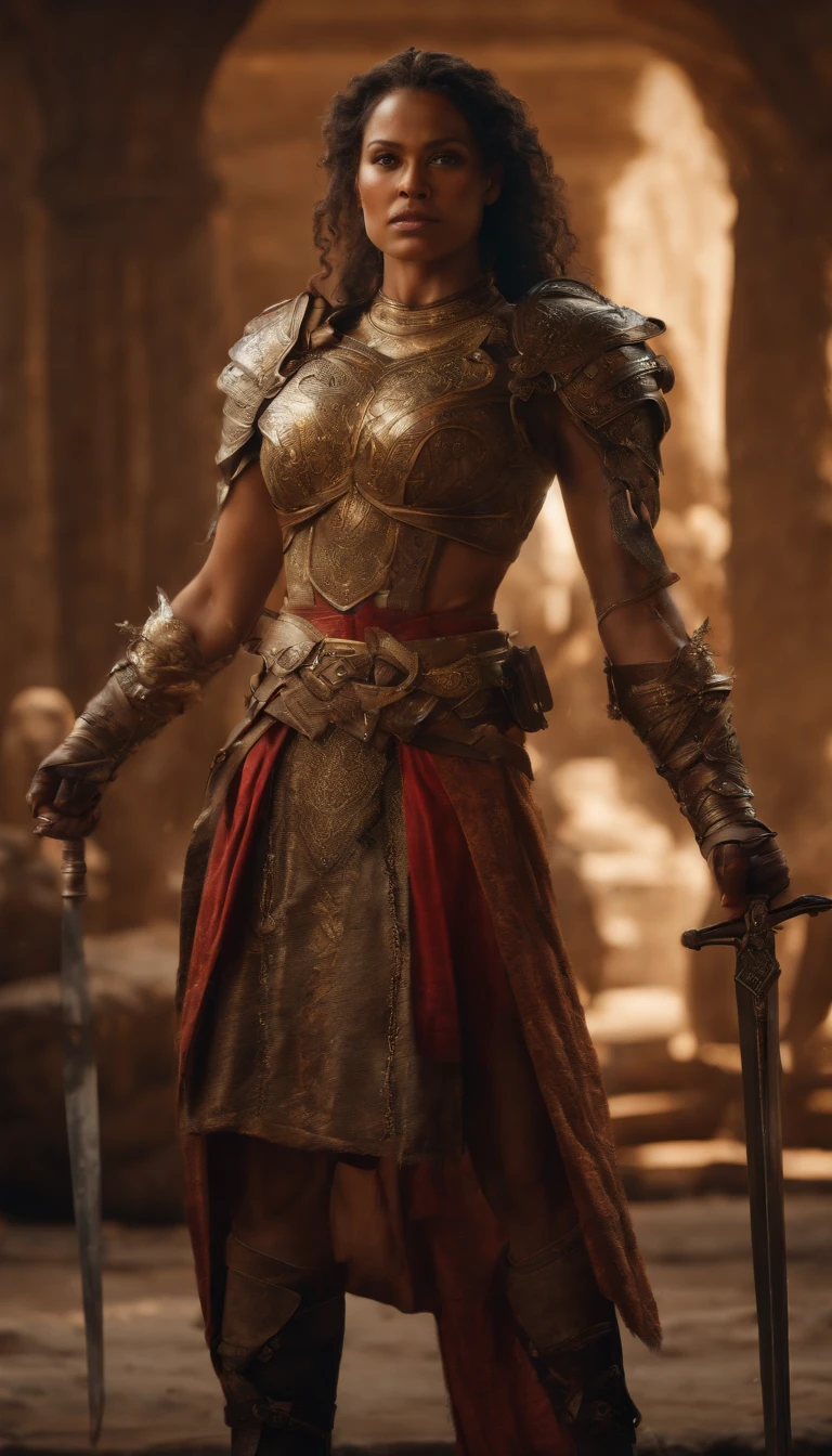 Tall muscled defined woman, detailed armor, red and gold engraved leather Cuirass, intricate designs on the Cuirass, intricate Cuirass engravings, imposing and powerful stance, fierce expression, red wild mane braided hair, dynamic pose, intense battle scene, fantasy setting, vibrant colors, dramatic lighting, epic atmosphere, mythical creatures in the background, magical effects surrounding the sword,  attention to anatomy and facial features, iconic use of highlights and shadows, capturing emotion, masterful composition, portraying strong female characters. (best quality, 4k resolution, highres, ultra-detailed, photorealistic:1.37), HDR lighting, studio-quality rendering, professional-quality artwork based on yoshitaka amano work.