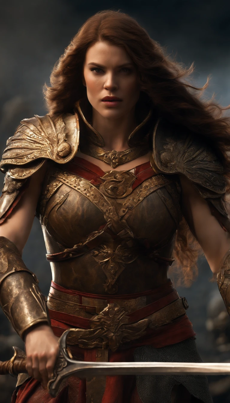 Tall muscled defined woman, detailed armor, red and gold engraved leather Cuirass, intricate designs on the Cuirass, intricate Cuirass engravings, imposing and powerful stance, fierce expression, red wild mane braided hair, dynamic pose, intense battle scene, fantasy setting, vibrant colors, dramatic lighting, epic atmosphere, mythical creatures in the background, magical effects surrounding the sword,  attention to anatomy and facial features, iconic use of highlights and shadows, capturing emotion, masterful composition, portraying strong female characters. (best quality, 4k resolution, highres, ultra-detailed, photorealistic:1.37), HDR lighting, studio-quality rendering, professional-quality artwork based on yoshitaka amano work.