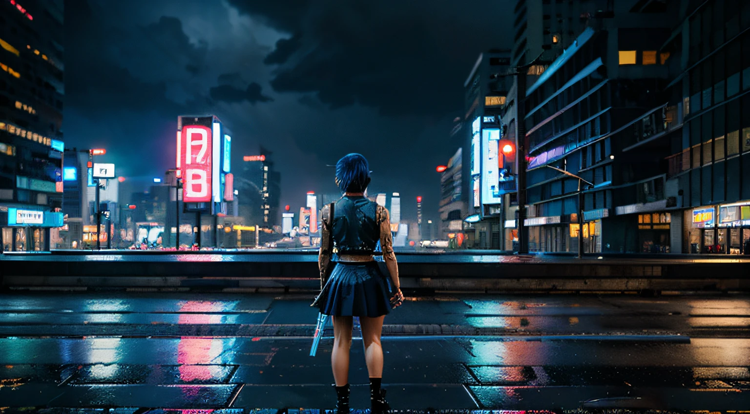 Cyberpunk city, many buildings, blue and pink neon lights, numerous reflections in puddles of water, rainy weather, atop a building, a girl with short blue hair, wearing a top and a skirt, with a sword on her back, in a realistic painting style image