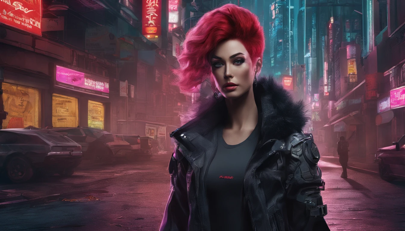There's a cyberpunk woman with cyborg elements on her face standing in a cyberpunk city alley at night, punk hairstyle, red hair, crest haircut, dark knight movie aesthetic, darksynth aesthetic, red neons, beautiful woman, haze, foggy night, horror cyberpunk, noir aesthetic, sci fi thriller aesthetic, ultra detailed, photorealistic.